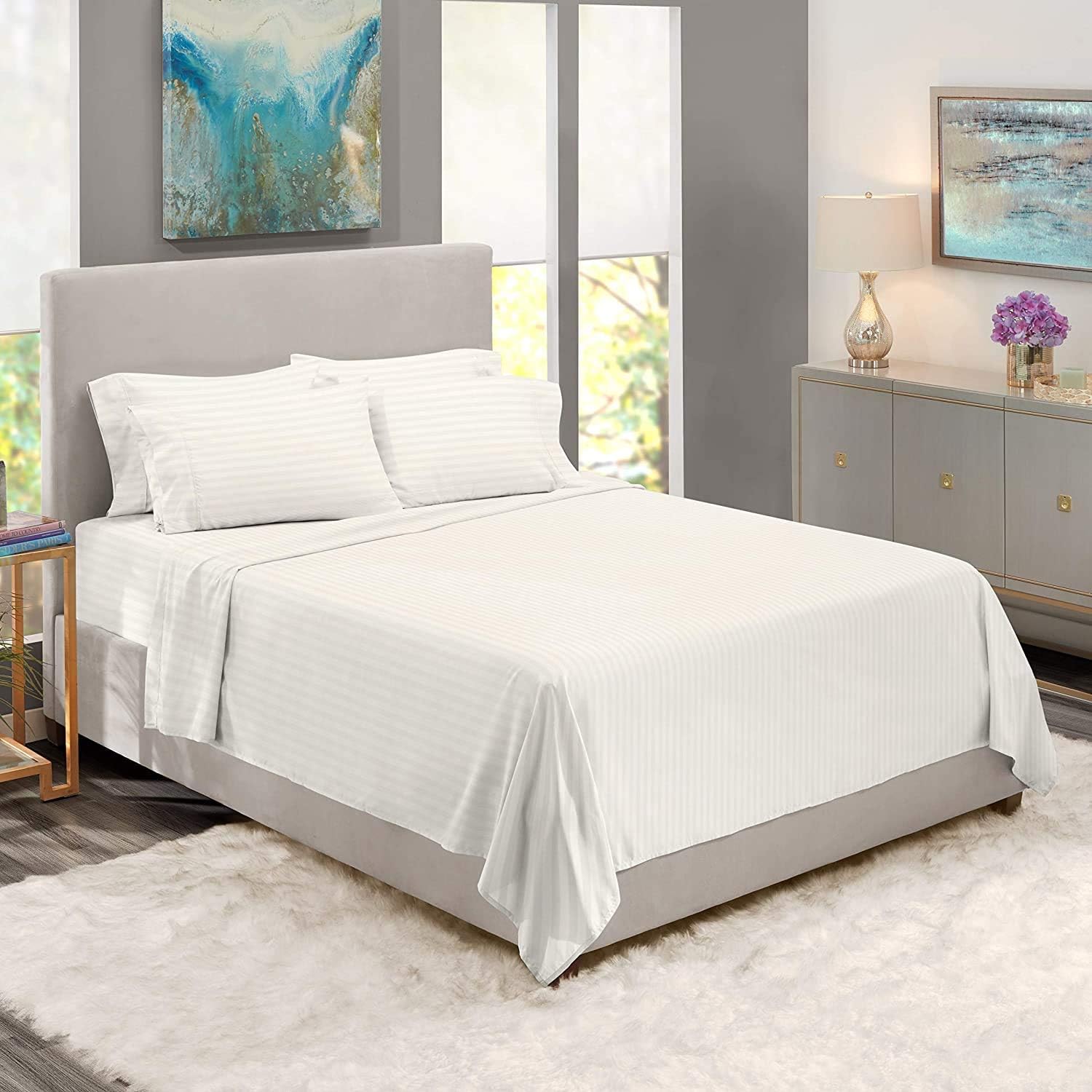 BedDecor 500 Thread Count Stripe 6 Piece Bed Sheet Set 100% Egyptian Cotton with 27 Inch Extra Deep Pocket Premium Super Soft Hotel Quality Bedding(White,Twin)