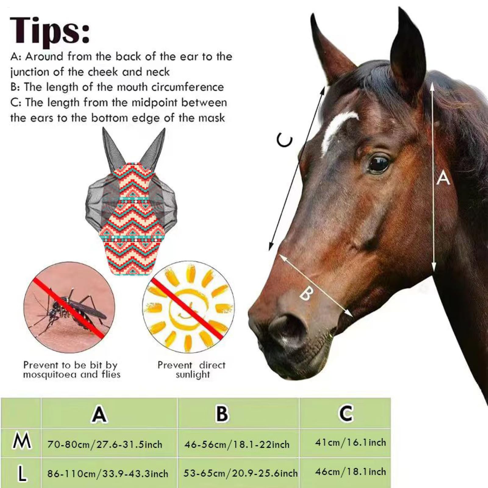 Generico Mascherina Antimosche Cavallo Coprifaccia Equino Traspirante Taglia M/L