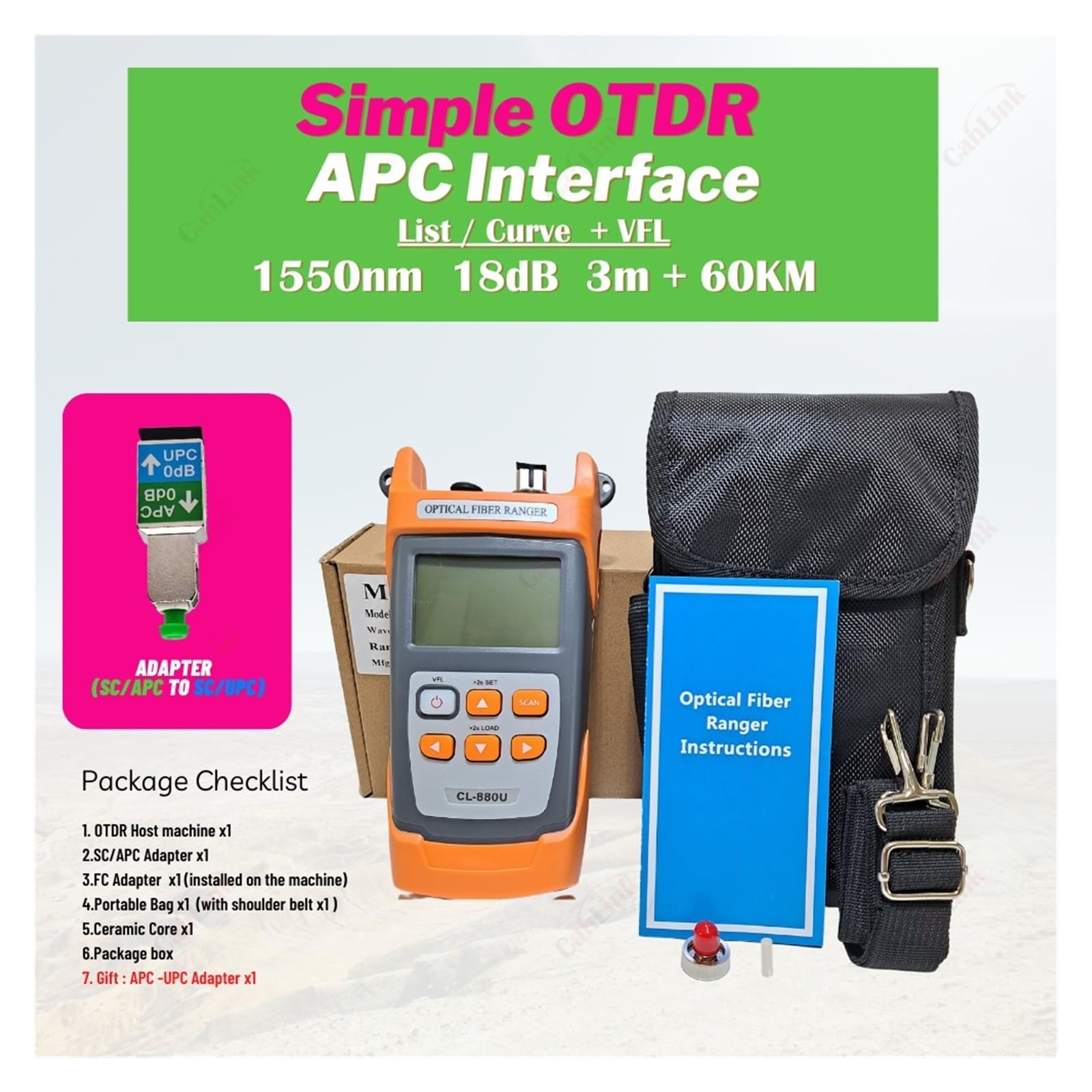 Glasfaserkabeltester, Neuer 60-100 km MINI OTDR 1310/1550 nm Glasfaser-Reflektometer, Touchscreen VFL OLS OPM Ereigniskarte Ethernet-Kabeltester(CL880A 1550nm)