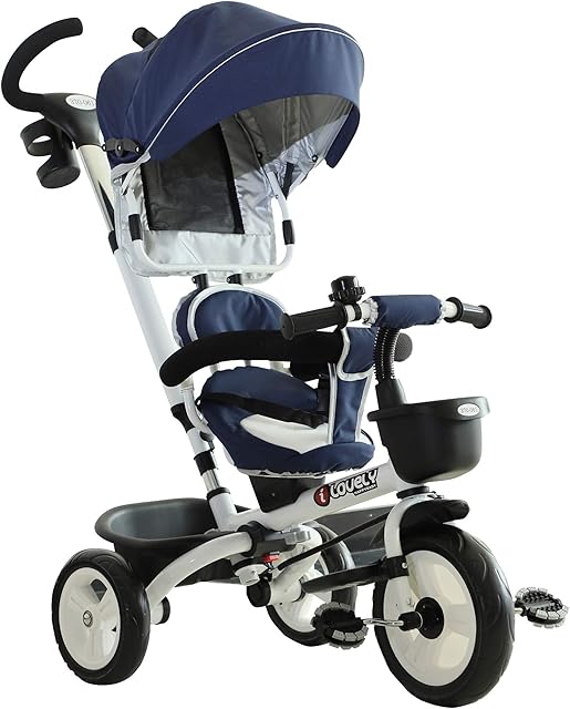 HOMCOM 4 in 1 Tricycle for Kids Toddler Folding Trike with Parent Handle Reversible Seat Adjustable Handle Removable Canopy Safety Belt for 18 Months to 5 Years Blue