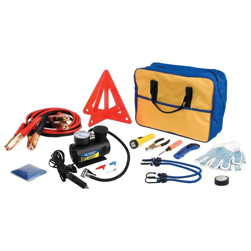 Kit de Emergência Automotiva Performance Tool 60220 com Inflador 12 V, Cabos de Transferência e Triângulo de Sinalização