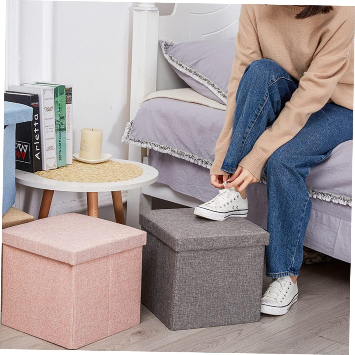 Foldable Fabric Storage Stool Multifunctional Storage Cube Footrest Dark -Saving Organizer for Home and Office for Shoes and Sundries
