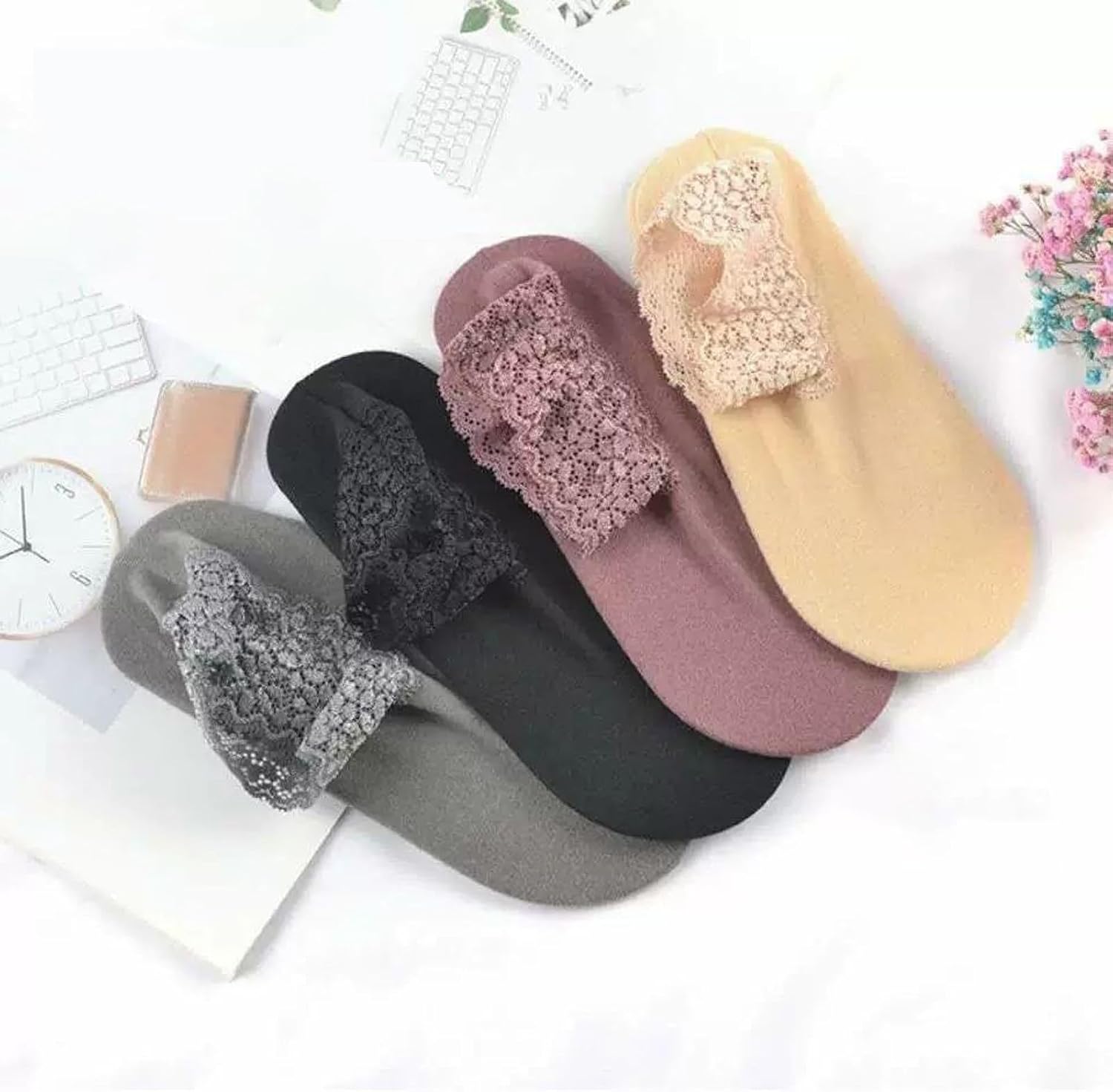 PetPhindU Lace Warmer Socks, Fall Winter Ruffle Non Slip Frilly Ankle Socks with Lace Trim for Home and Floor Use