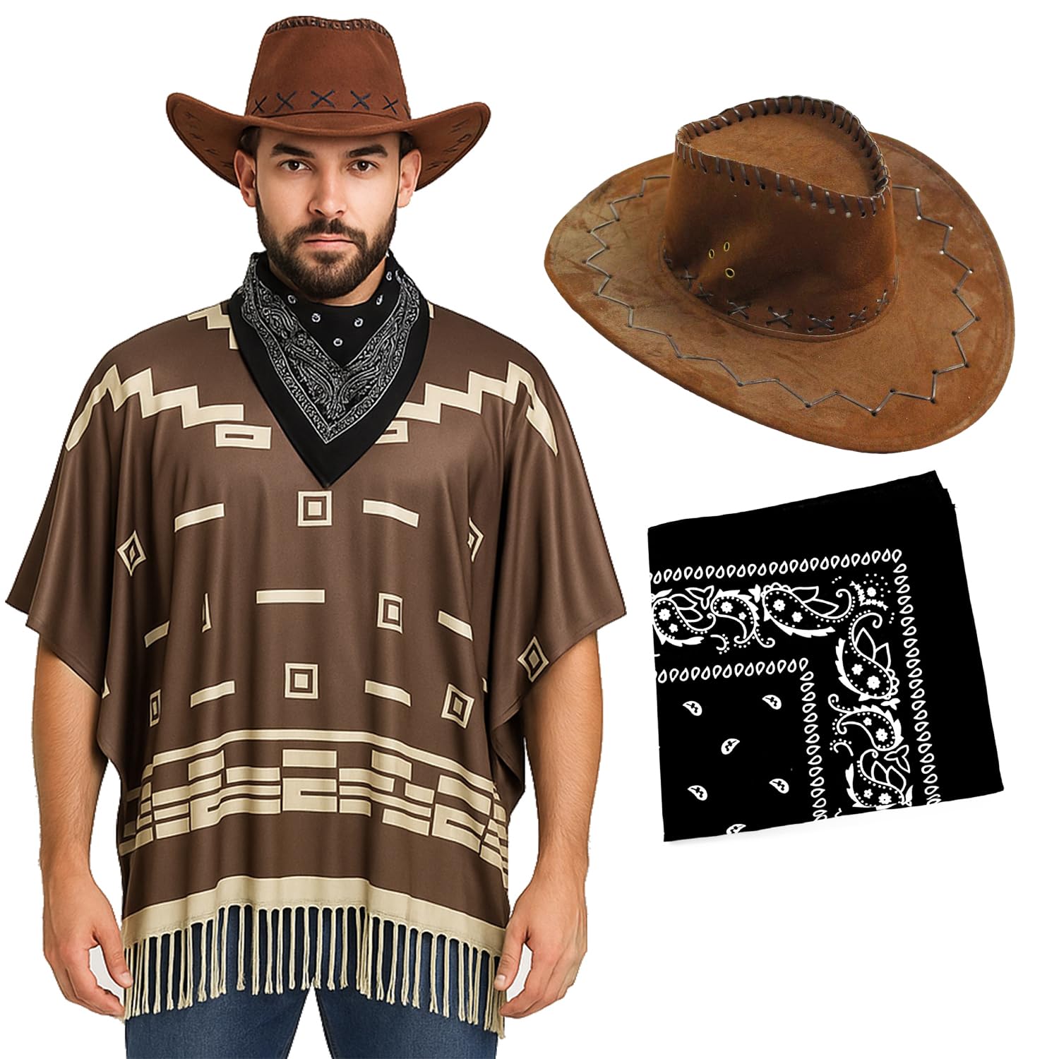 Adults Cowboy Costume - Dark Brown Poncho with Tassel Fringe, Brown Velour Cowboy Hat, Black Paisley Bandana - Mens Wild West Bandit Gunslinger Western Fancy Dress Costume