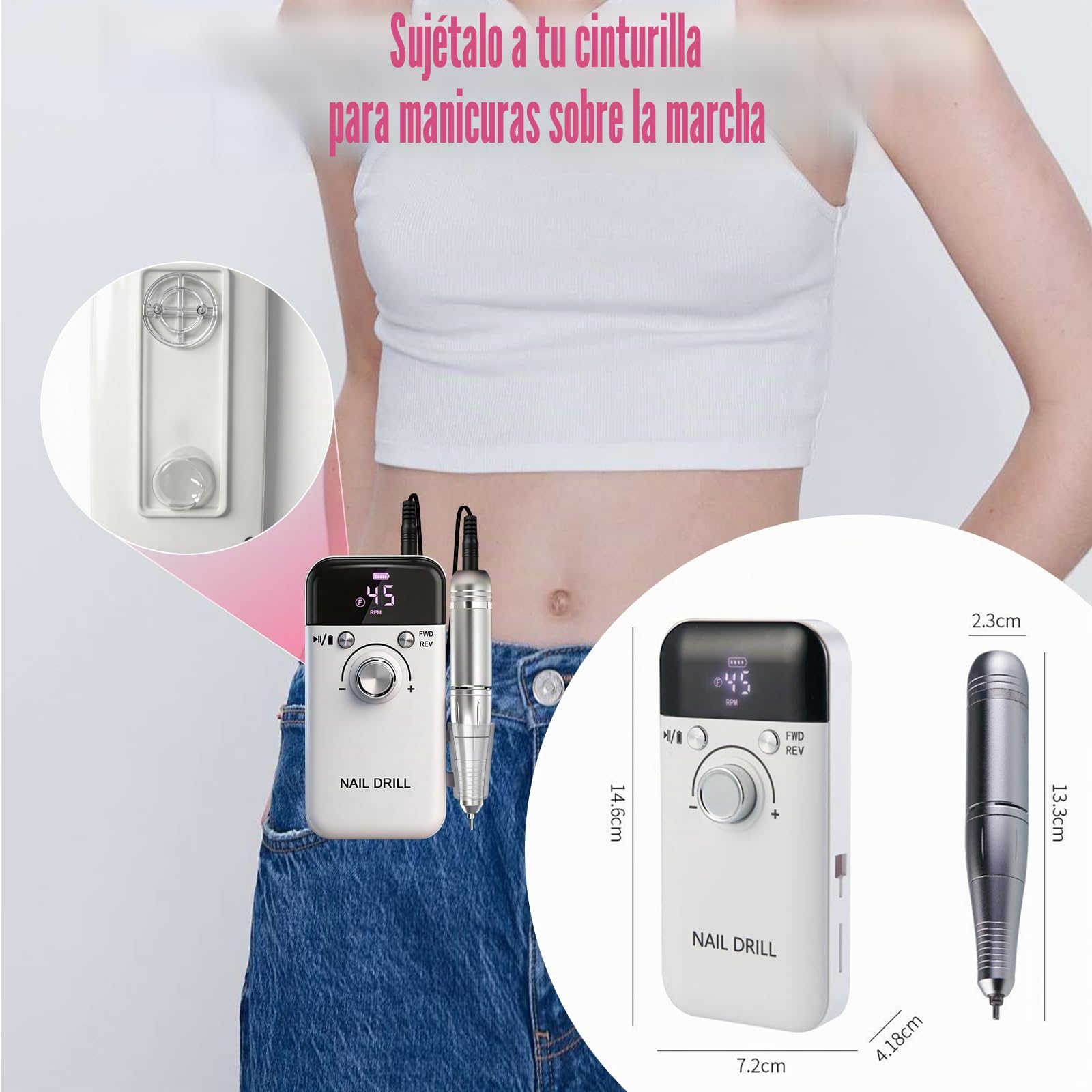 Torno para Uñas Profesional 45000 RPM, Pulidoras de uñas Portatil Velocidad Ajustable para Uñas de Gel y Acrílico, Torno Molinillo de Uñas Eléctrico con Pantalla LCD, 6 Brocas y 50 Bandas