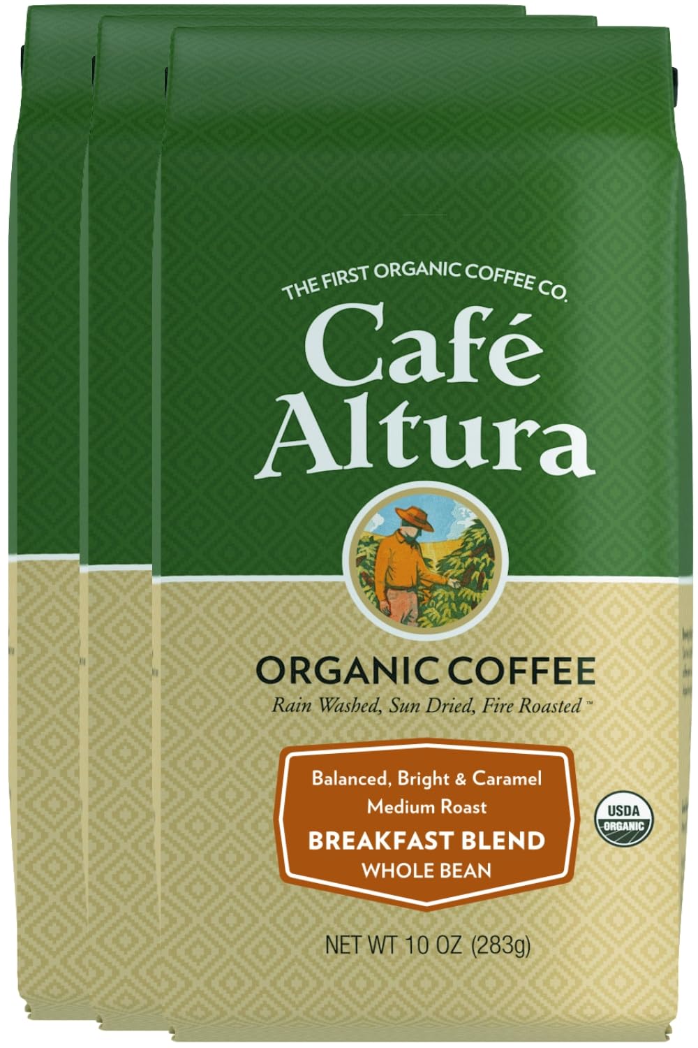 Café Altura, Breakfast Blend, Medium Roast, Organic, Ground Coffee, 10 oz Bag (Pack of 3)