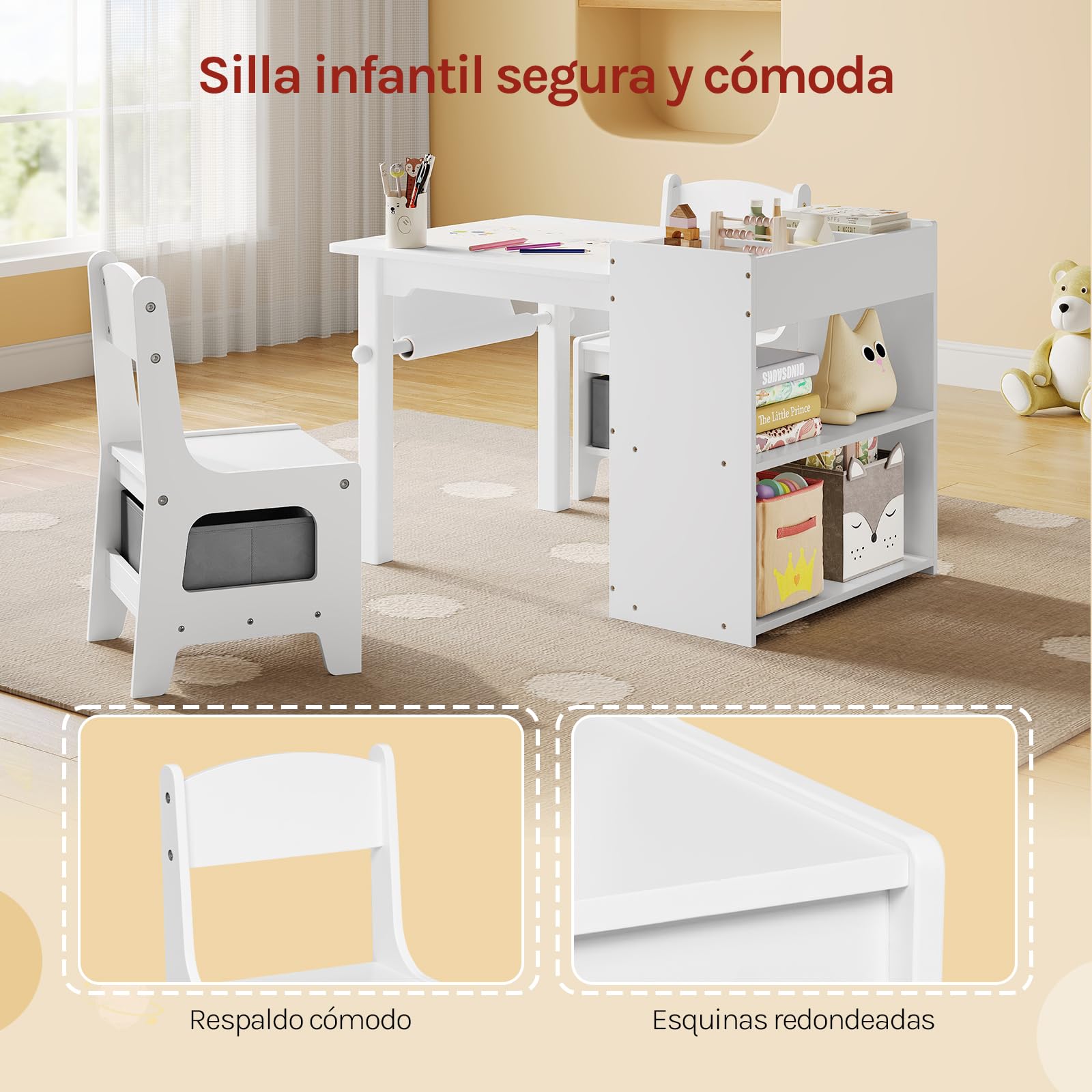 WOLTU Mesa Infantil con 2 Sillas, Blanco | Estantería de 3 Niveles, 1 Portarrollos, 2 Cajas de Tela, MDF