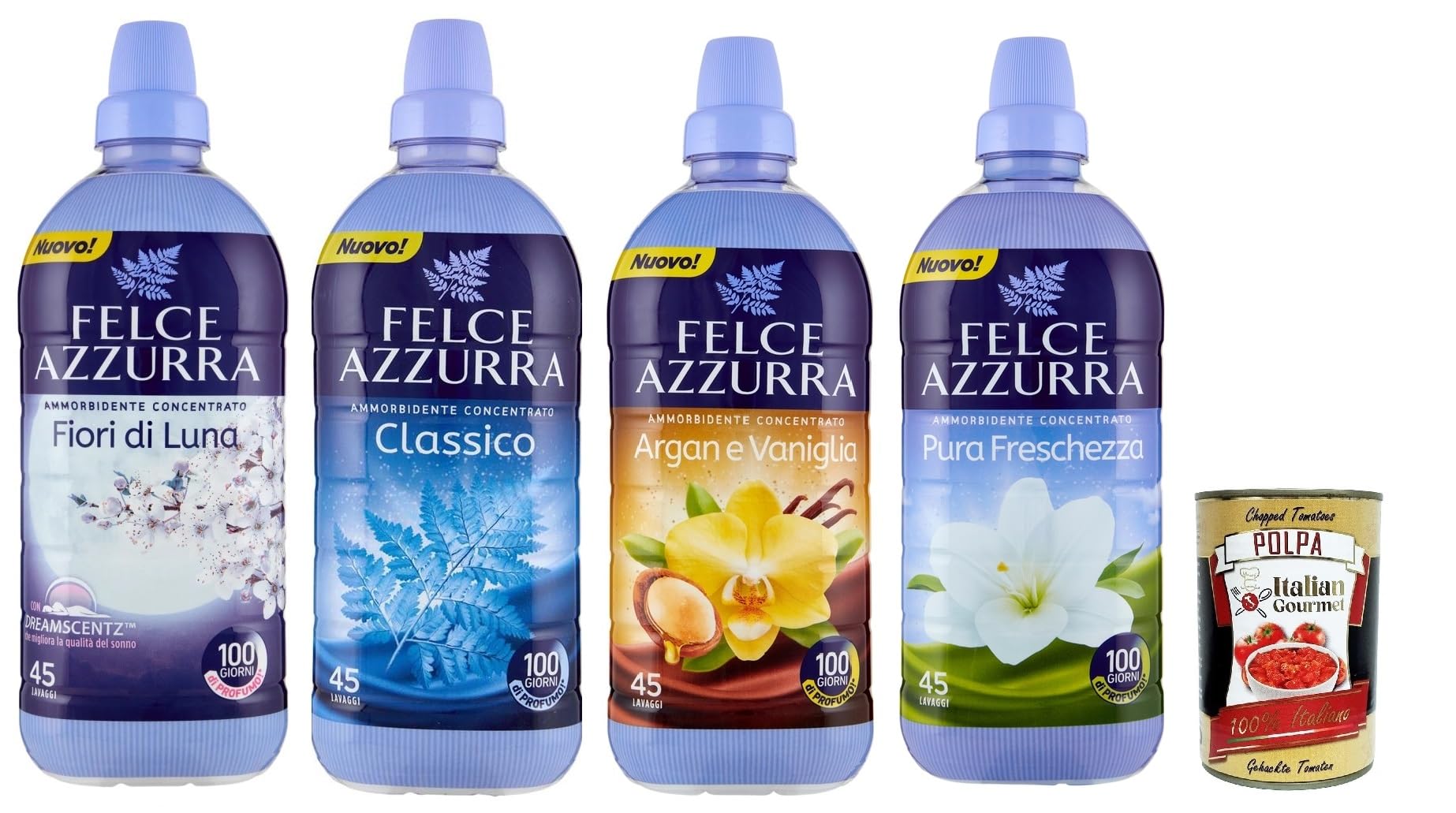 Felce Azzurra Ammorbidente Testpaket, Classico, ambra ed argan, Fiori Di Luna, pura freschezza, Weichspüler Konzentrat Duftende, 45 Washes, 3x 900Ml + Italian Gourmet polpa 400g