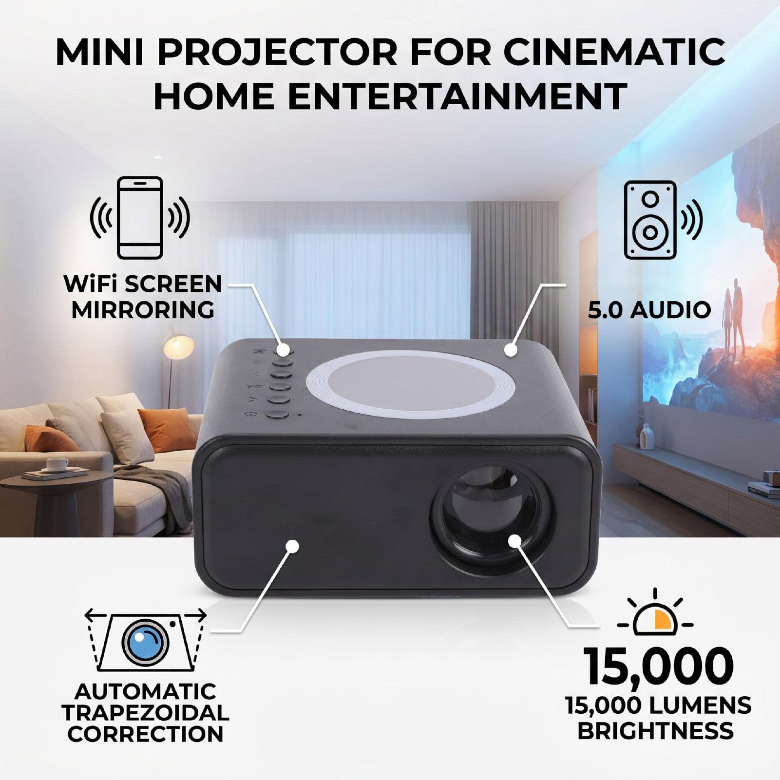 Sxhlseller Mini Proyector, 1080P WiFi 6 Bluetooth 5.0 Proyector de Cine en Casa con 15000 Flujo Luminoso 0.9:1 de Tiro Corto para Juegos de Películas en Interiores y Exteriores (Enchufe de la UE)