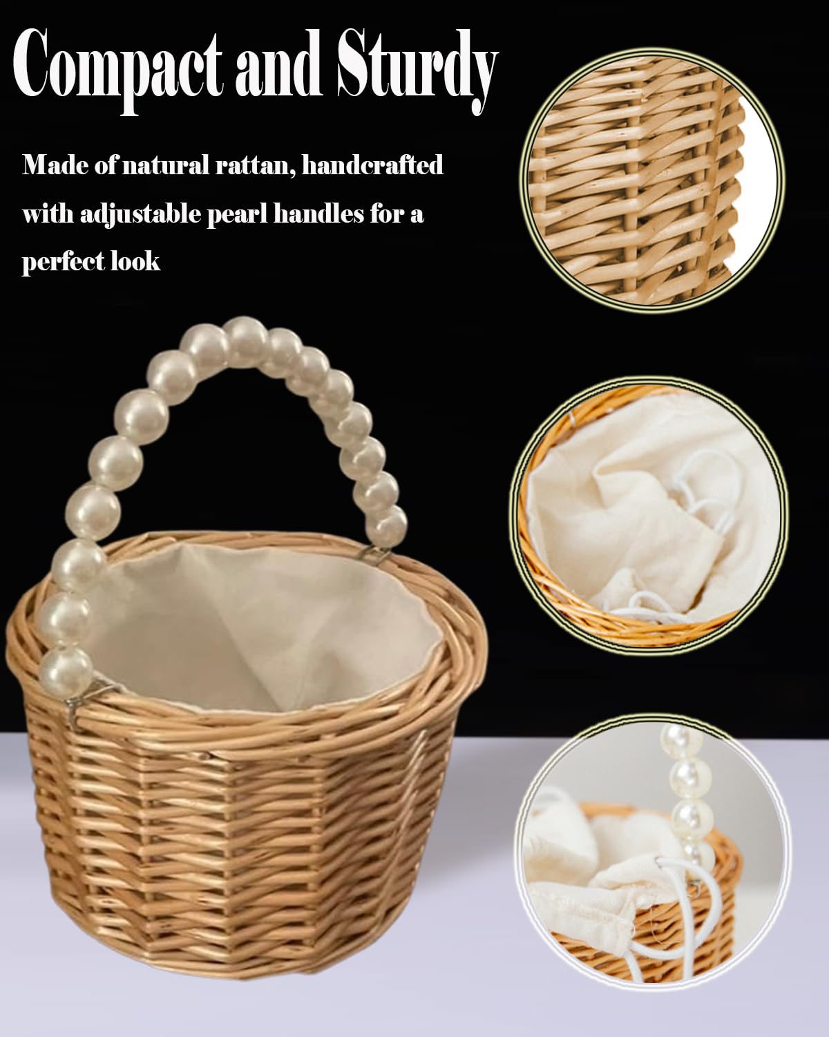 Cestino in vimini per matrimonio, con fodera bianca, cestino portaoggetti in rattan intrecciato rustico con manici in perla, cestino pasquale per la casa e il giardino