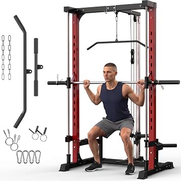Smith Machine Home Gym, 1000LB Power Cage Squat Rack with LAT Pulldown, Low Row Bar & Weight Plate Storage, Multifunction Workout Equipment for Strength Training