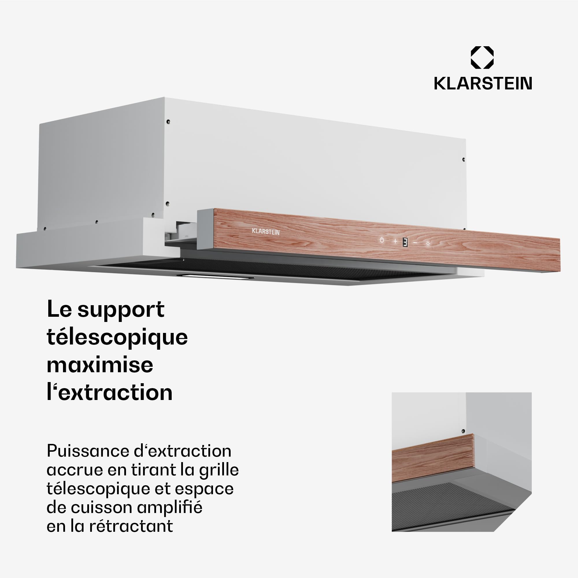 Klarstein ZenFusion Hotte Aspirante, 60cm Hotte Cuisine avec Commande Tactile, Débit 400 m³/h, Efficacité Énergétique A, Extracteur Télescopique, Éclairage LED, Filtre à Charbon Actif