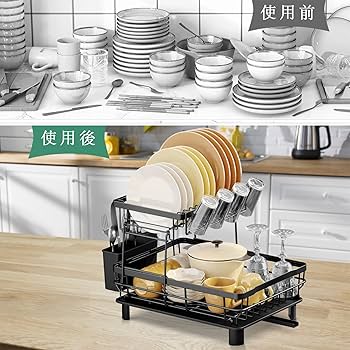 大容量2段式水切りラック - 自動排水、耐久性のあるスチール製 大容量2段式水切りラック - 自動排水、耐久性のあるスチール製