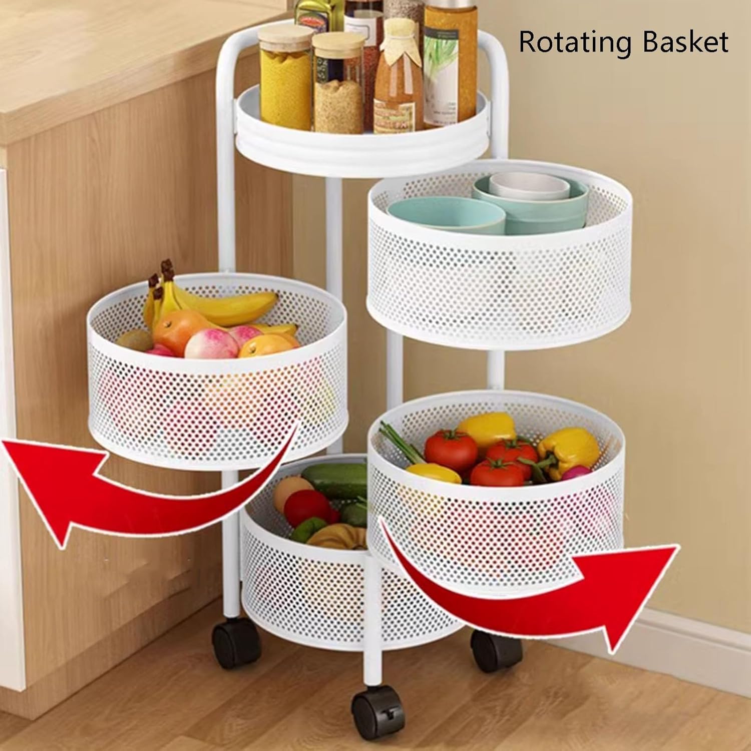 Round Rotating Fruit and Vegetable Shelf,Multi-Layer Storage Rotating Basket,Bathroom Shelf with Wheels,for Kitchen Bathroom Bedroom(White,4 Tiers)