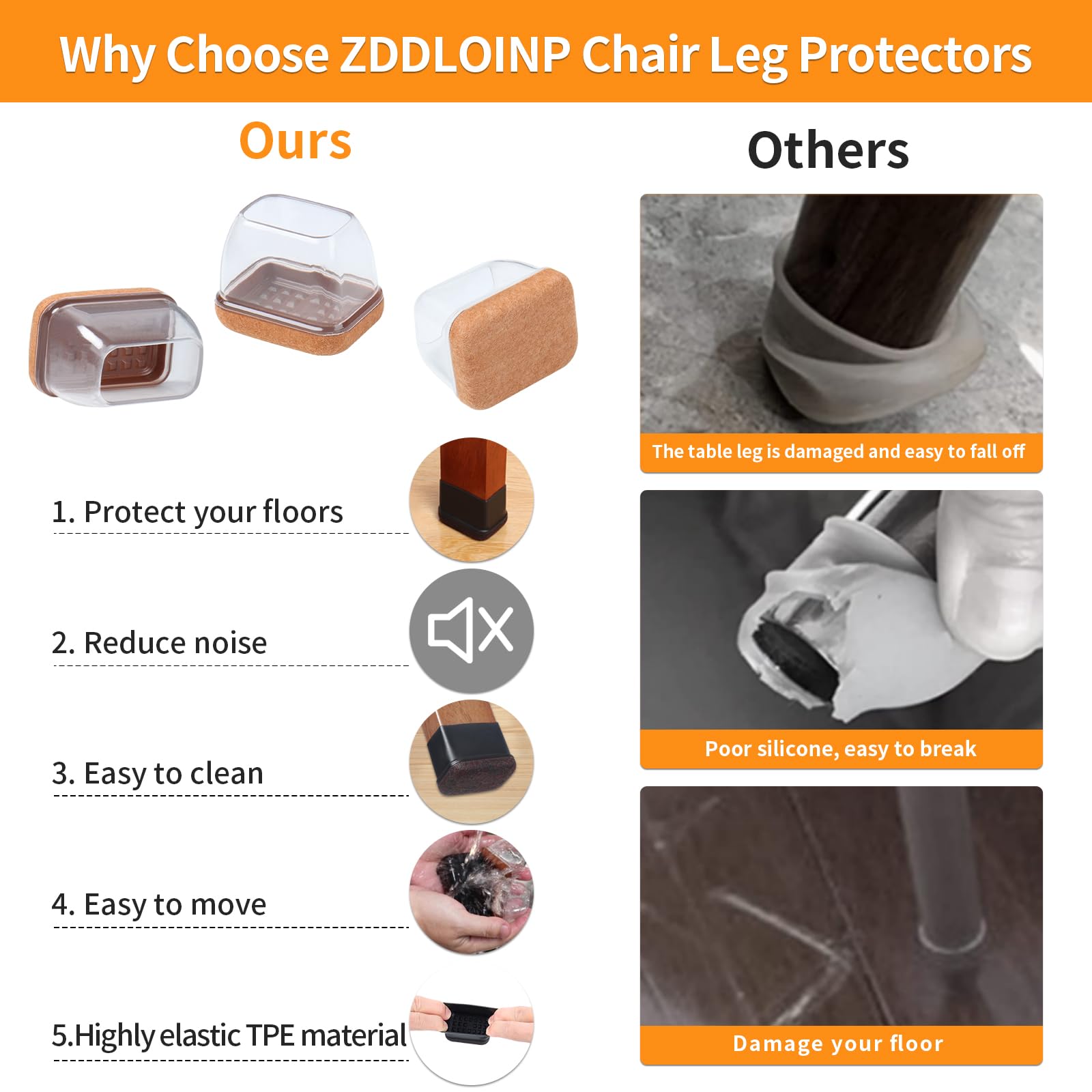 Protection Pied De Chaise, 16PCS Rectangulaire Patin Chaise Silicone, Transparent Embout Pied De Chaise avec Tampon Feutré, Protéger Le Sol sans Bruit, Convient Largeur 24-30mm, Longueur 34-42mm