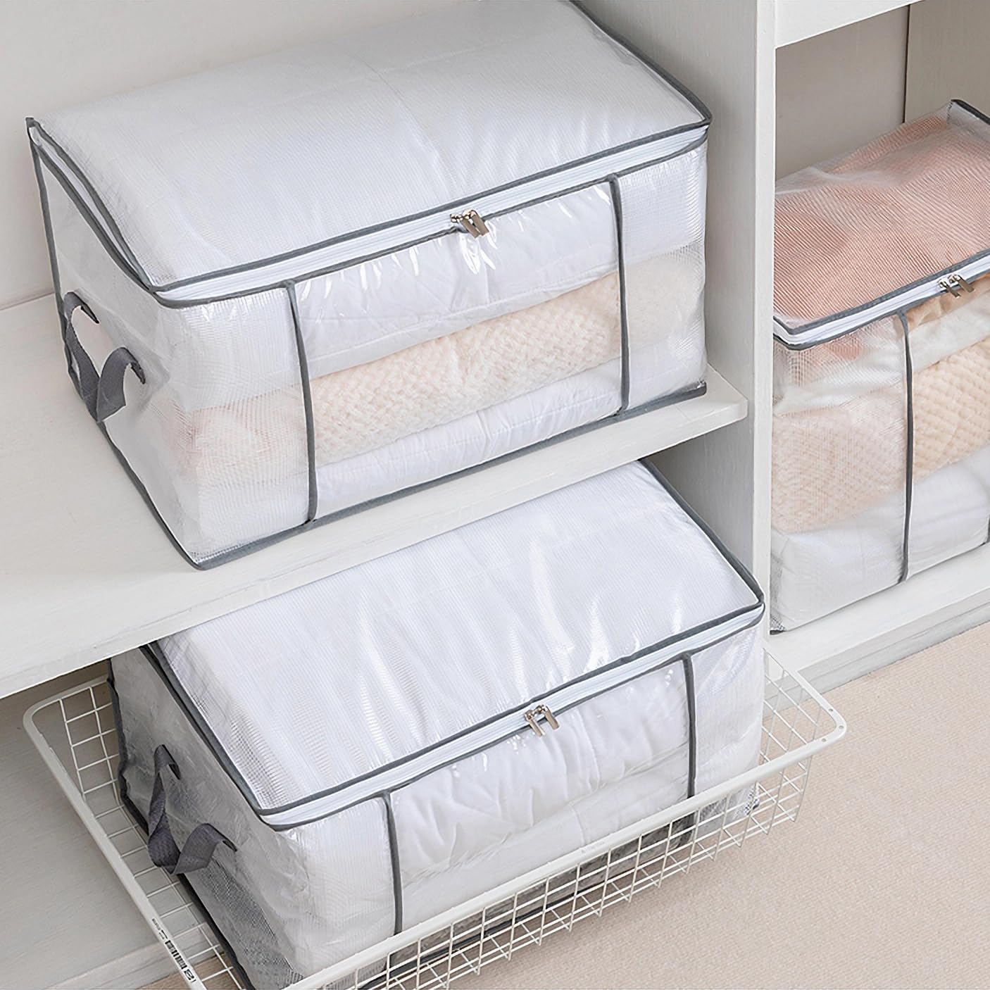 80L Large Clothes Storage Bags, Clear Zippered Storage Bags for Blanket Clothing, Closet Organizer Bins, Dorm Underbed Storage Container for Comforters/Bedding/Sheet/Pillow/Moving Bags(2 Pack)