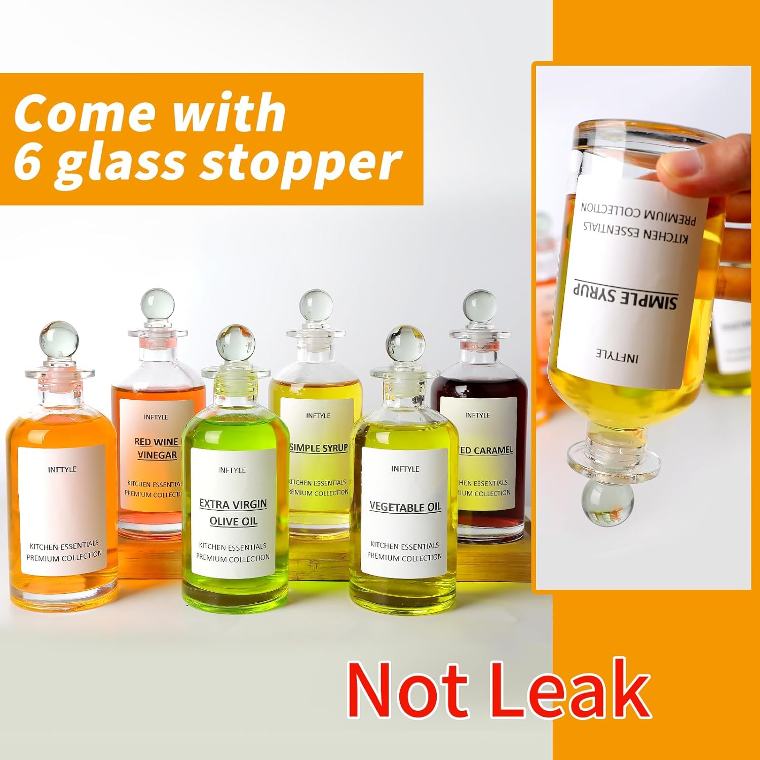 Coffee Syrup Dispenser Set（set of 3 and set of 6）Simple Small Glass Bottle for Coffee Bar Accessories with Dust Lids Pour Spout, Glass Stopper, Cleaning Brush. Vanilla, Caramel, Syrup, Honey, Condimen