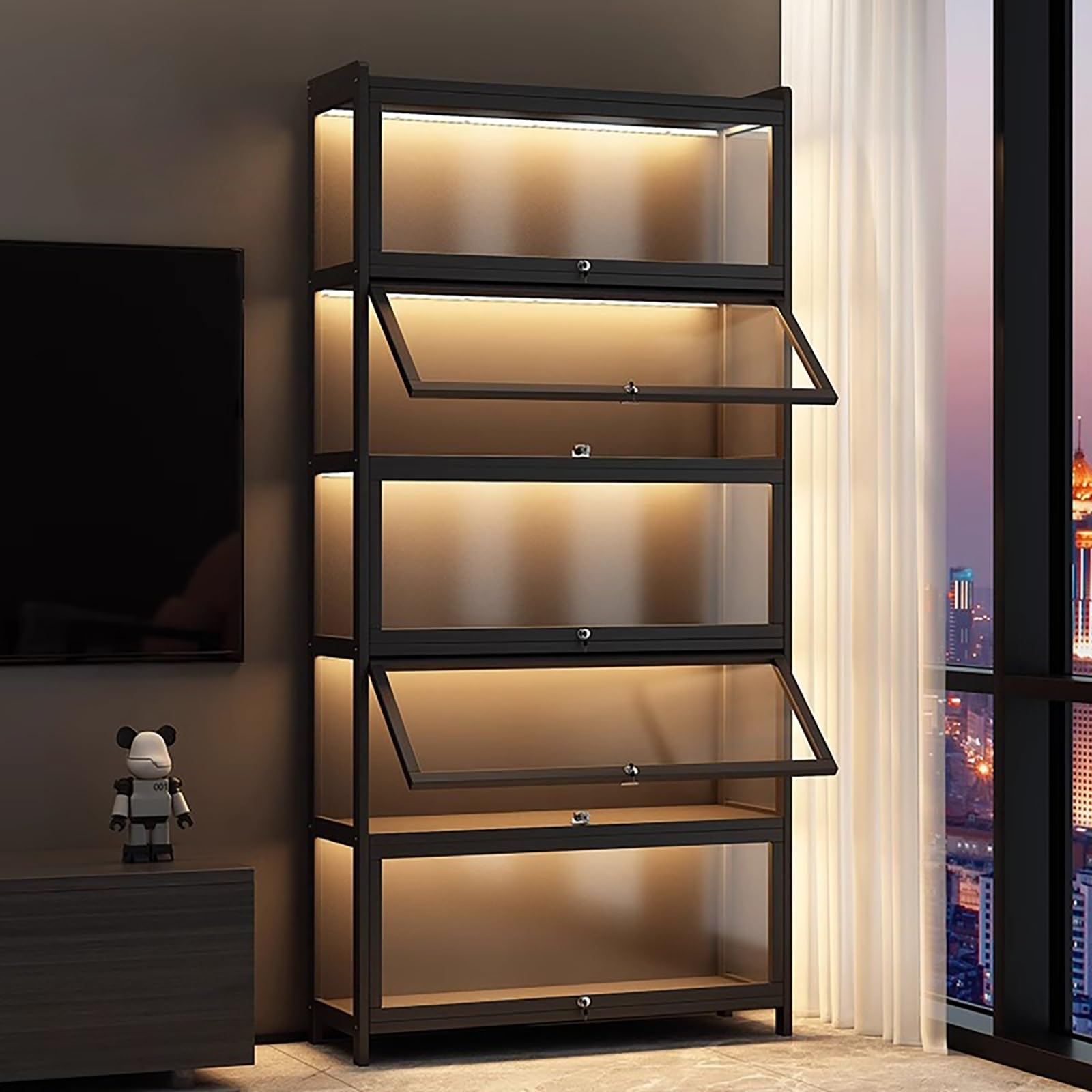 Acryl-Vitrine für Sammlerstücke mit LED-Licht, klare Vitrine, natürliches Bambusmaterial, einfach zu montieren, perfekt für Figuren und Erinnerungsstücke