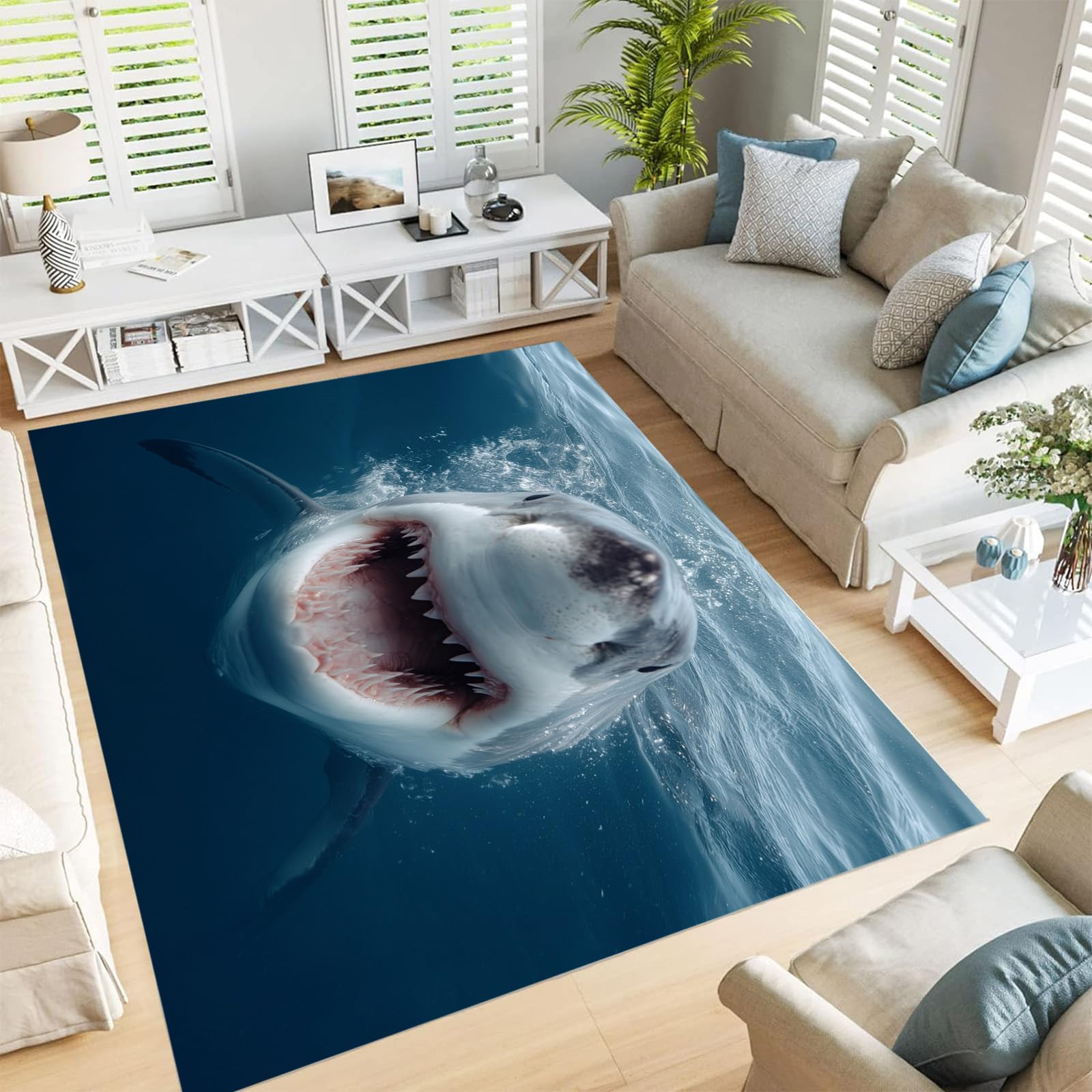Tapis animaux marins requins féroces lavable en machine bleu marine