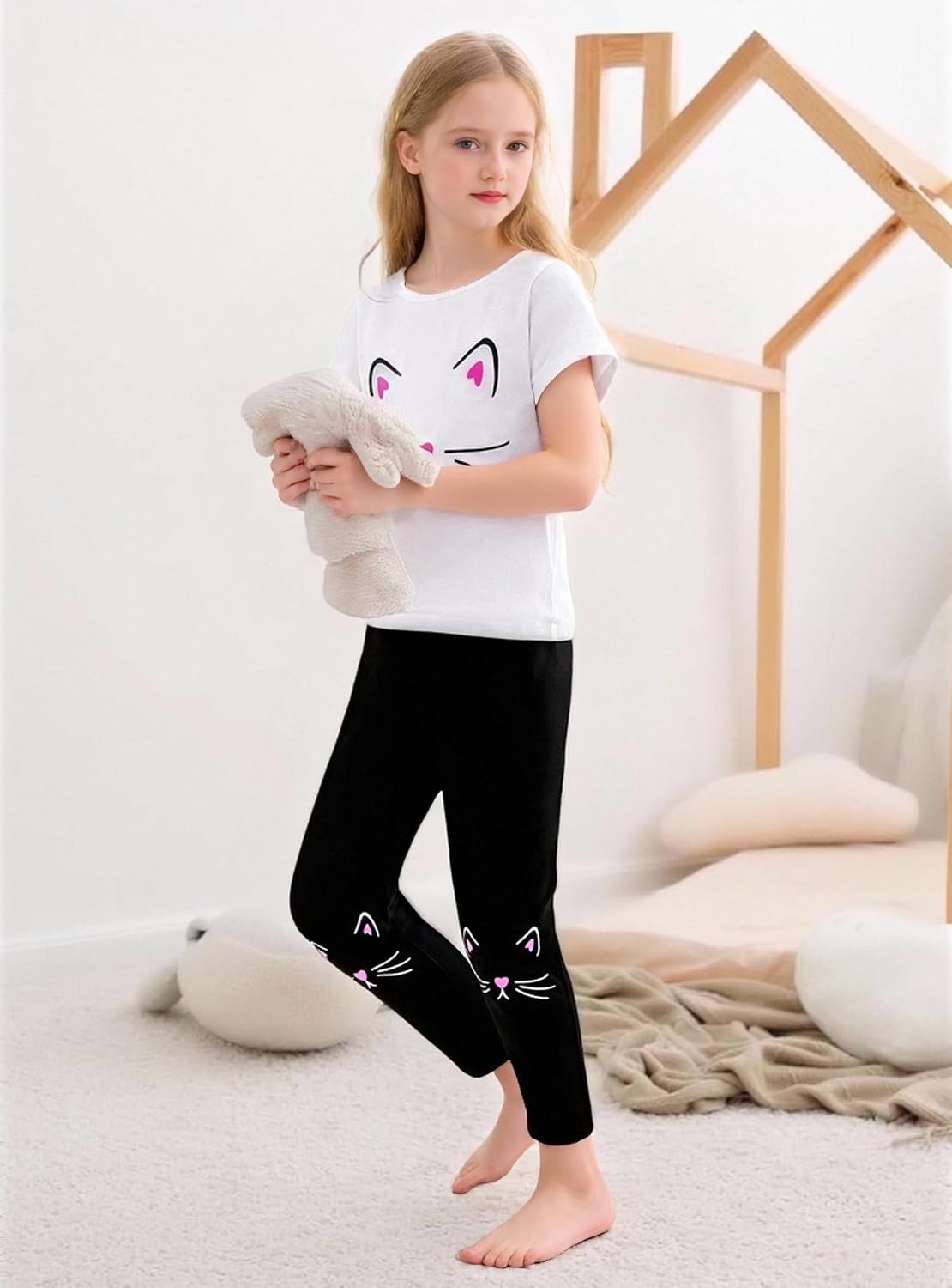 4-8T Toddler Girl Clothes Cat face print Short Sleeve Top+Pants Outfits Girl Spring and summer 2-Piece Set image 2