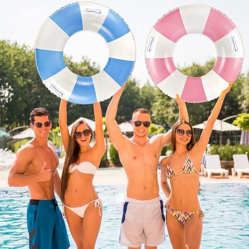 Miniatura 6 de Flotadores clásicos de piscina a rayas con asa, tubos inflables de rayas azules y blancas para anillos de natación grandes flotantes para adultos,