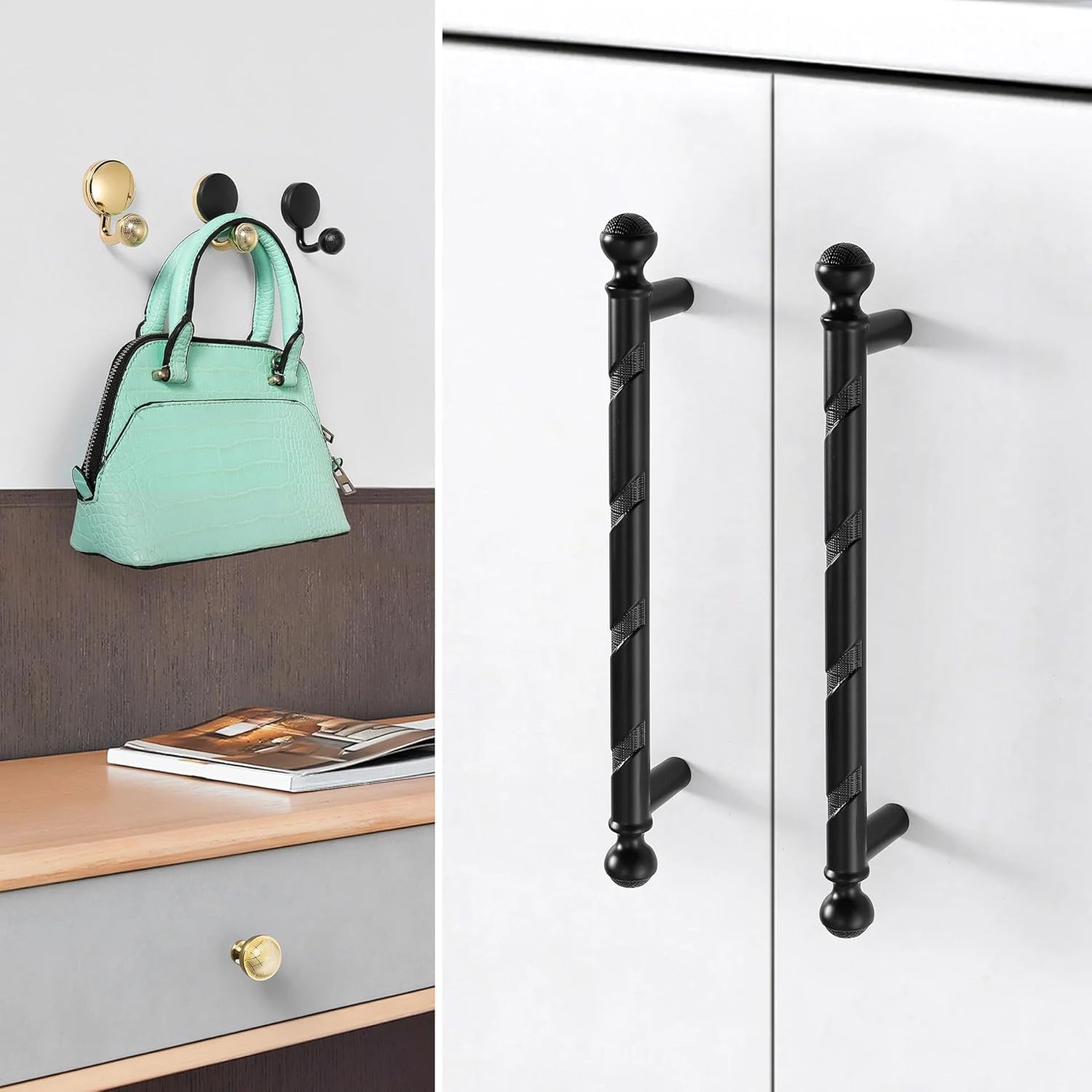 Zinc Alloy Black Gold Door Handles Kitchen Cabinet Pulls Solid Drawer Knobs Fashion Furniture Knobs Hardware 2Pcs(A-Gold)