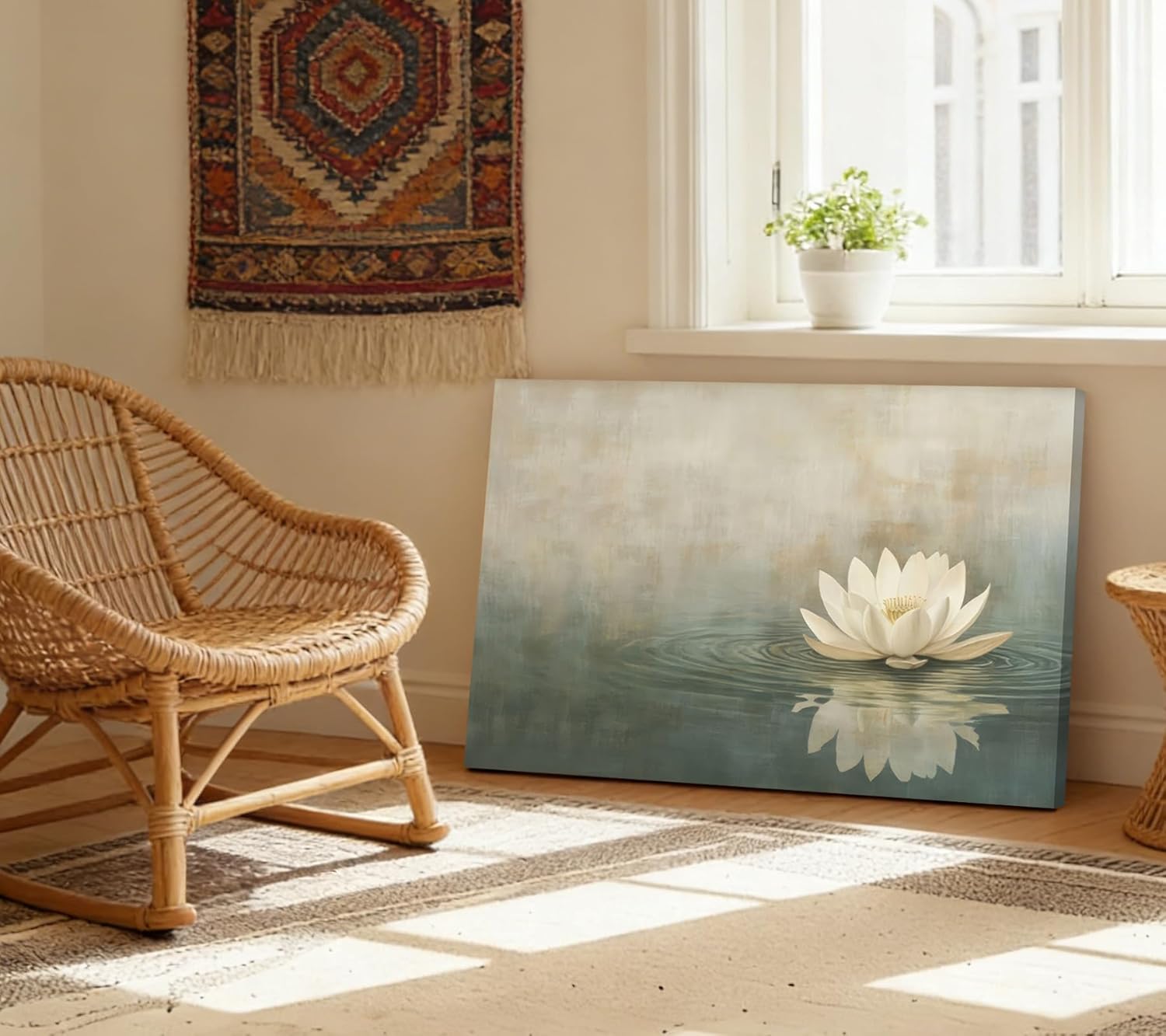 Large Zen White Lotus Canvas Wall Art Lotus Flowers Painting Picture Wall Decor Yoga Meditation Spa Print Artwork for Yoga Spa Meditation Spiritual Room Living Room Home Decoration 16x32in framed