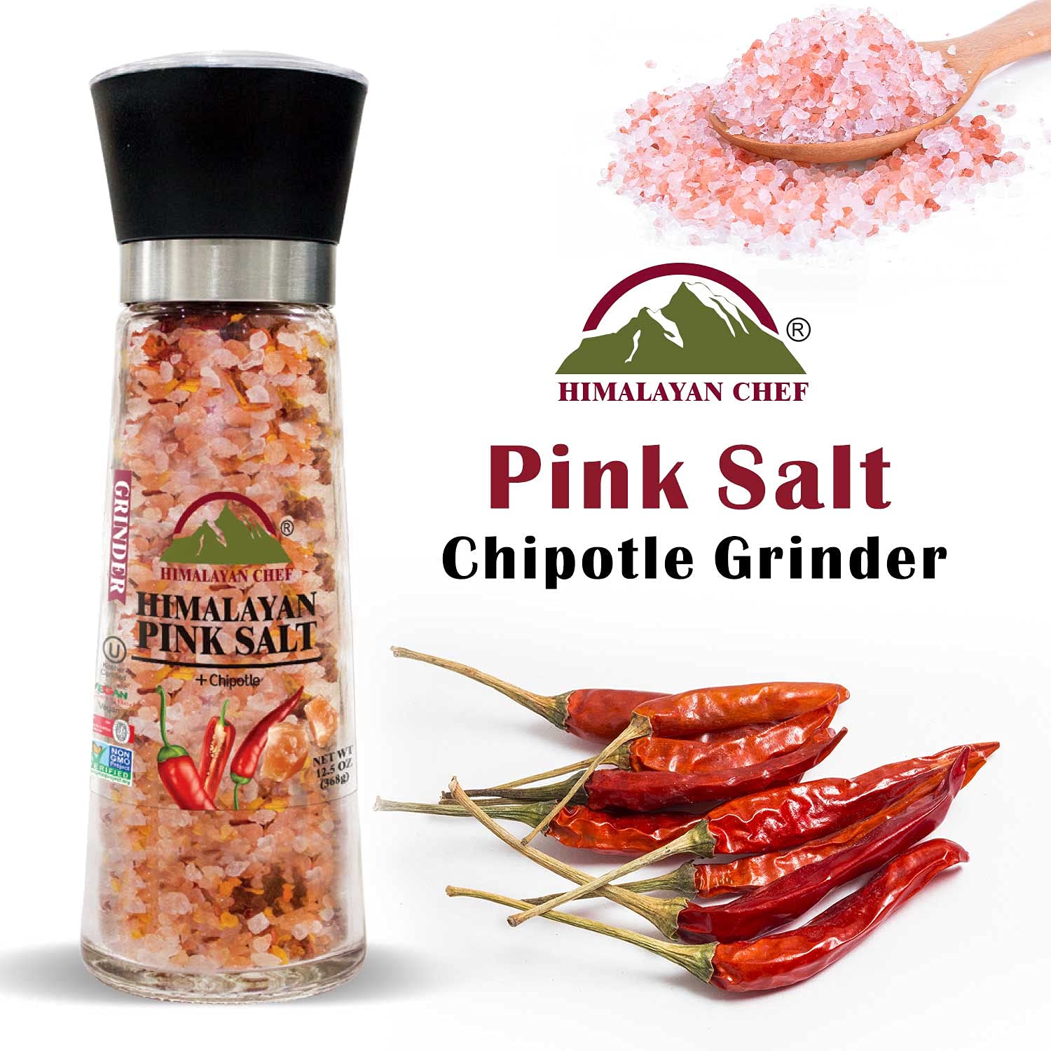 Himalayan Chef Pink Salt with Chipotle, Tall Glass Grinder, 10.58 Oz : Everything Else