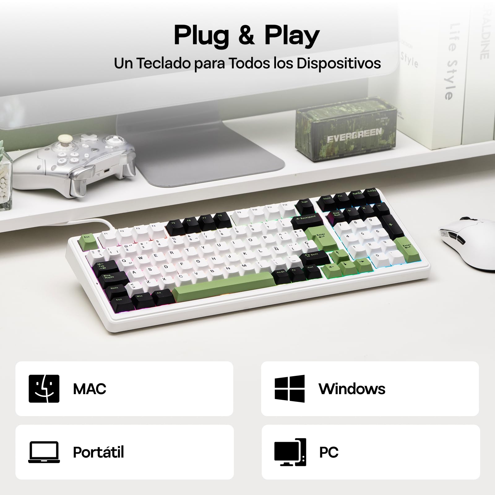 MechLands Aula F99 96% Teclado para Gaming Con Cable, Distribución QWERTY Español, Creamy Teclado Mecánico Con Junta, Retroiluminación RGB, Hot Swap, Interruptor Lineal Prelubricado (Negro Verde)