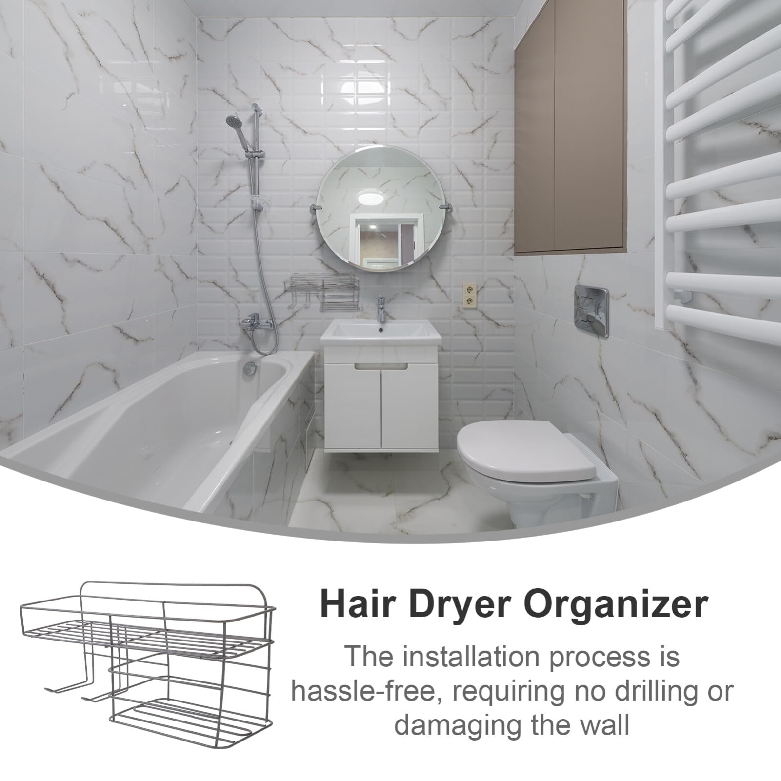 SOLUSTRE Supporto Per Asciugacapelli Da Muro Organizer Per Strumenti Per Mensola Salvaspazio Per Bagno Design Moderno e Robusto Facile Installazione e Sicurezza Per Phon e Accessori