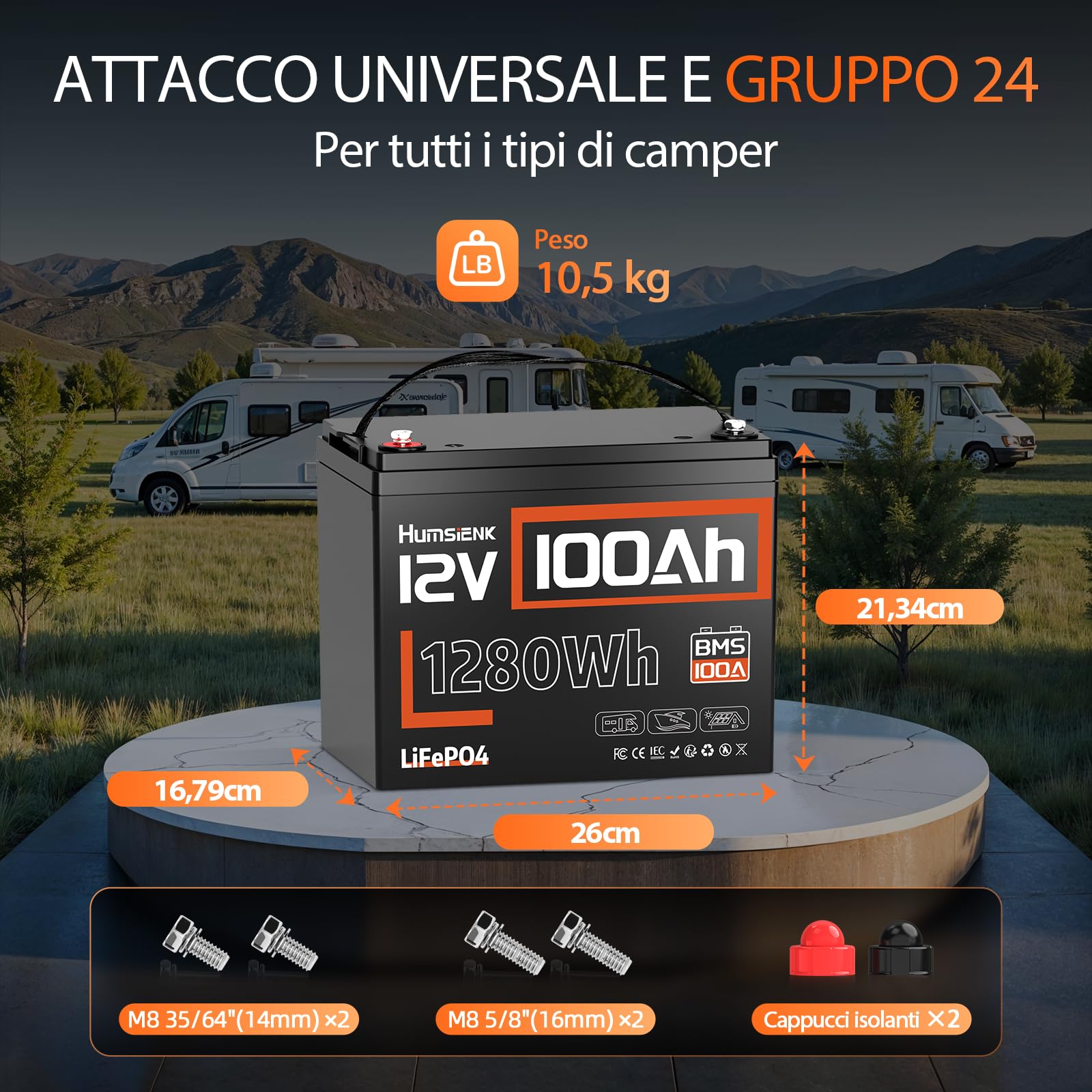 Humsienk Batteria al Litio LiFePO4 12V 100Ah, BMS 100A con Protezione Bassa Temperatura, 15000 Cicli Profondi, per Camper, Yacht, Fotovoltaico e Sistemi Off-Grid