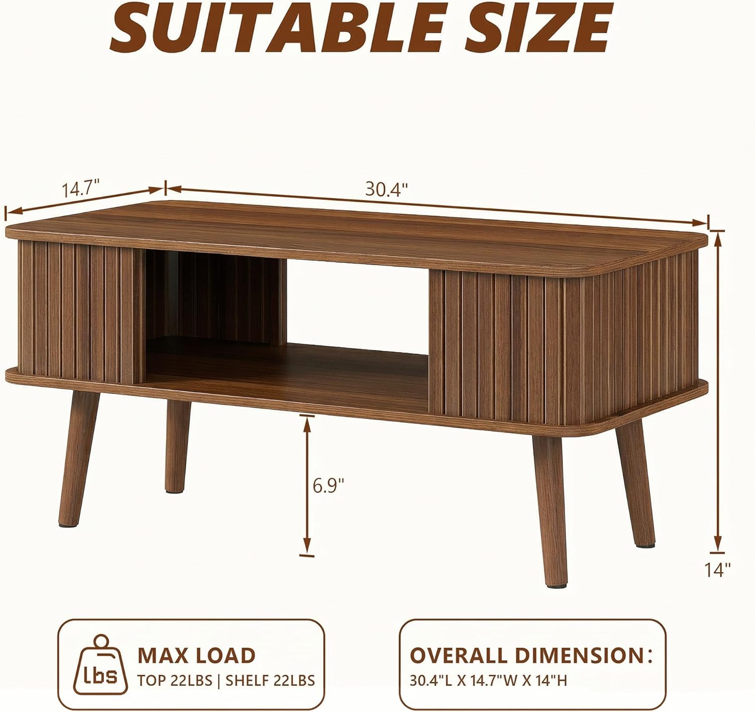 LAZZO Coffee Table with Storage Center Table for Living Room Rectangle Coffee Table with Rounded Edges,Easy Assembly, Walnut