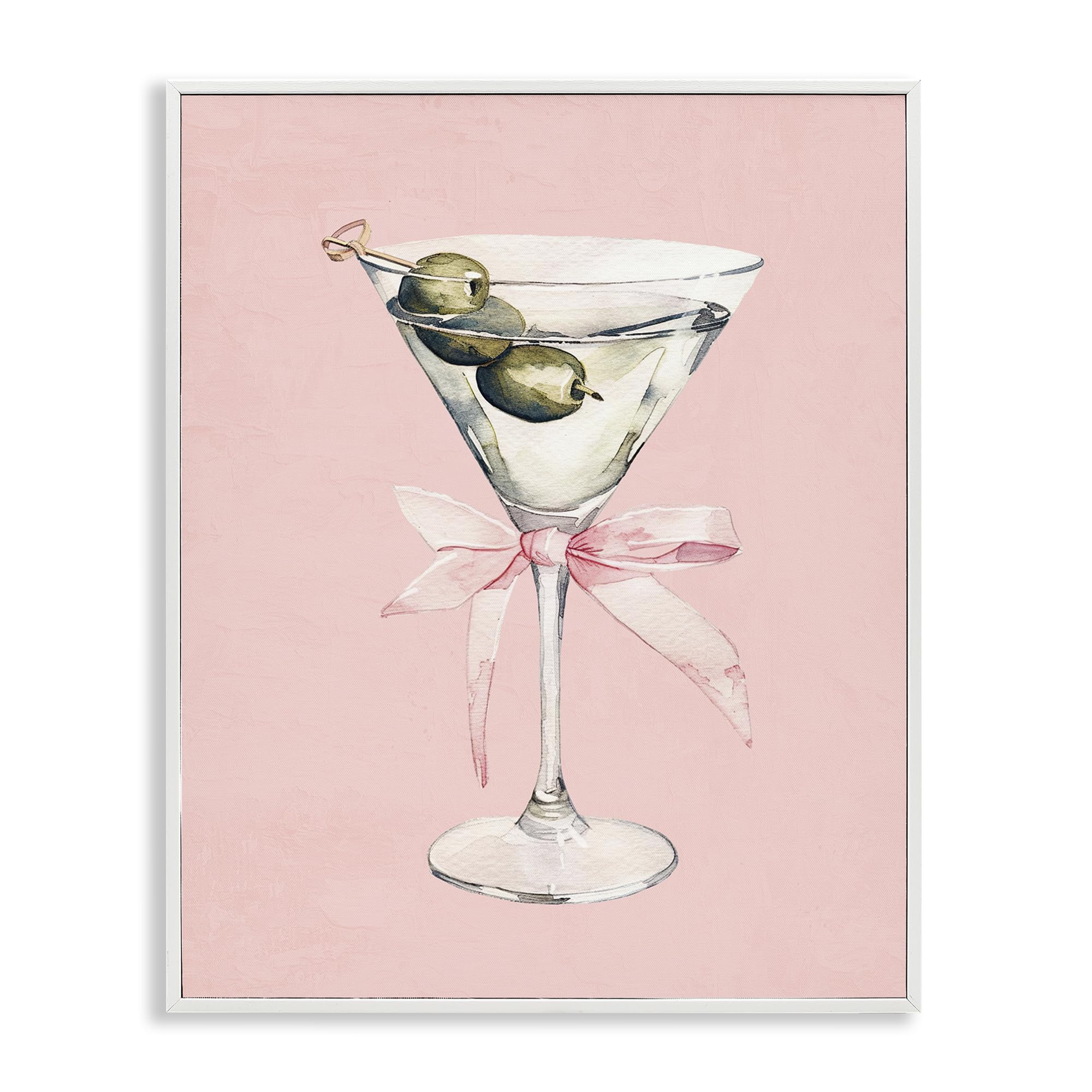 Stupell Industries Coastal White (Textured) 'Martini With Pink Bow'| Framed Giclee Art