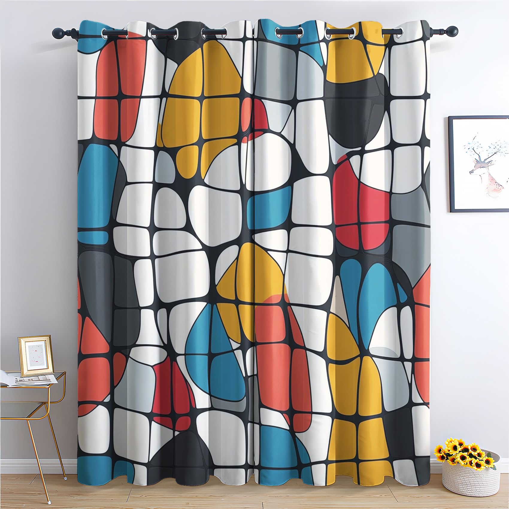 Niyaka Multicolor Colorful Geometric Curtain Blackout, Abstract Modern Curtains 66X54, Living Room & Bedroom Decor Drapes, Thermal Insulated Eyelet Window Treatments 54 Drop, 2 Panels