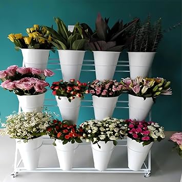 3 Layers Metal Plant Stand with Wheels,Modern Flower Shelf with Flower Bucket,Indoor Outdoor Flower Display Stand Flower Rack for Garden Patio Florist Balcony