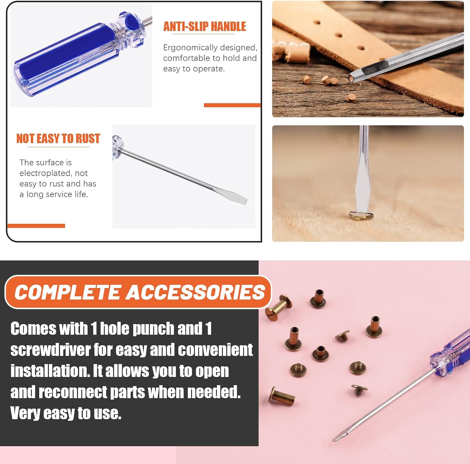 Tanstic 152Pcs(75 Sets) Chicago Screws Assorted Kit, M5 x 5/6/8/10/12mm Flat Head Leather Rivets Chicago Screws Binding Screw Posts Nail Rivet with Install Tool for Leather Crafts (Bronze)