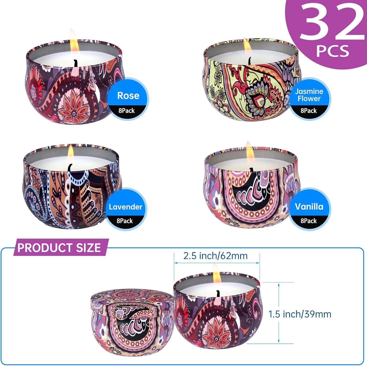 32 Pack Scented Candles Gift Set, Natural Soy Wax Travel Tin Candles for Home Scented, Ideal for Christmas, Birthday, Thanksgiving, Valentines Day Gifts