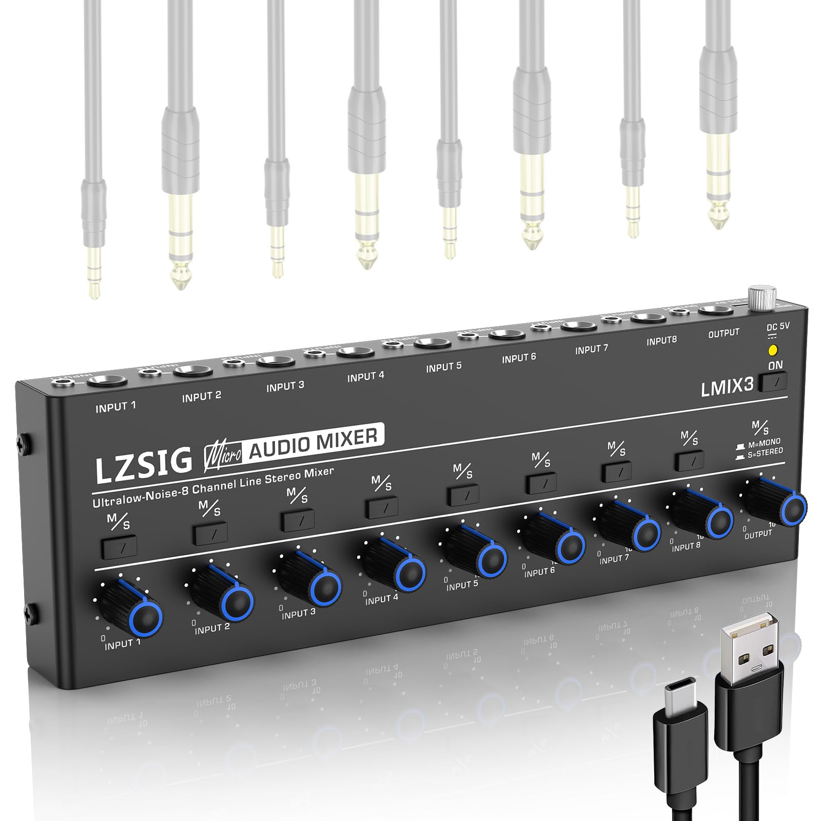 LZSIG Mini Audio Mixer, Ultra Low-Noise, 8-Channel, 8 IN 1 OUT | Stereo Line Mixer for Sub-Mixing, 1/4" & 1/8" TS & TRS Output and Input for Electronic Drum, Guitars, Bass, Keyboards