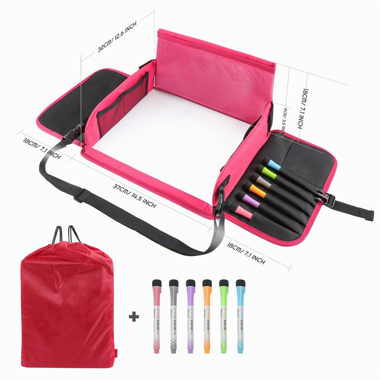 Plateau de Voyage Enfant Voiture - Plateau de Voyage pour Enfant, Tablette Voiture avec 6 Marqueurs et 1 Sac de Rangement, Rose