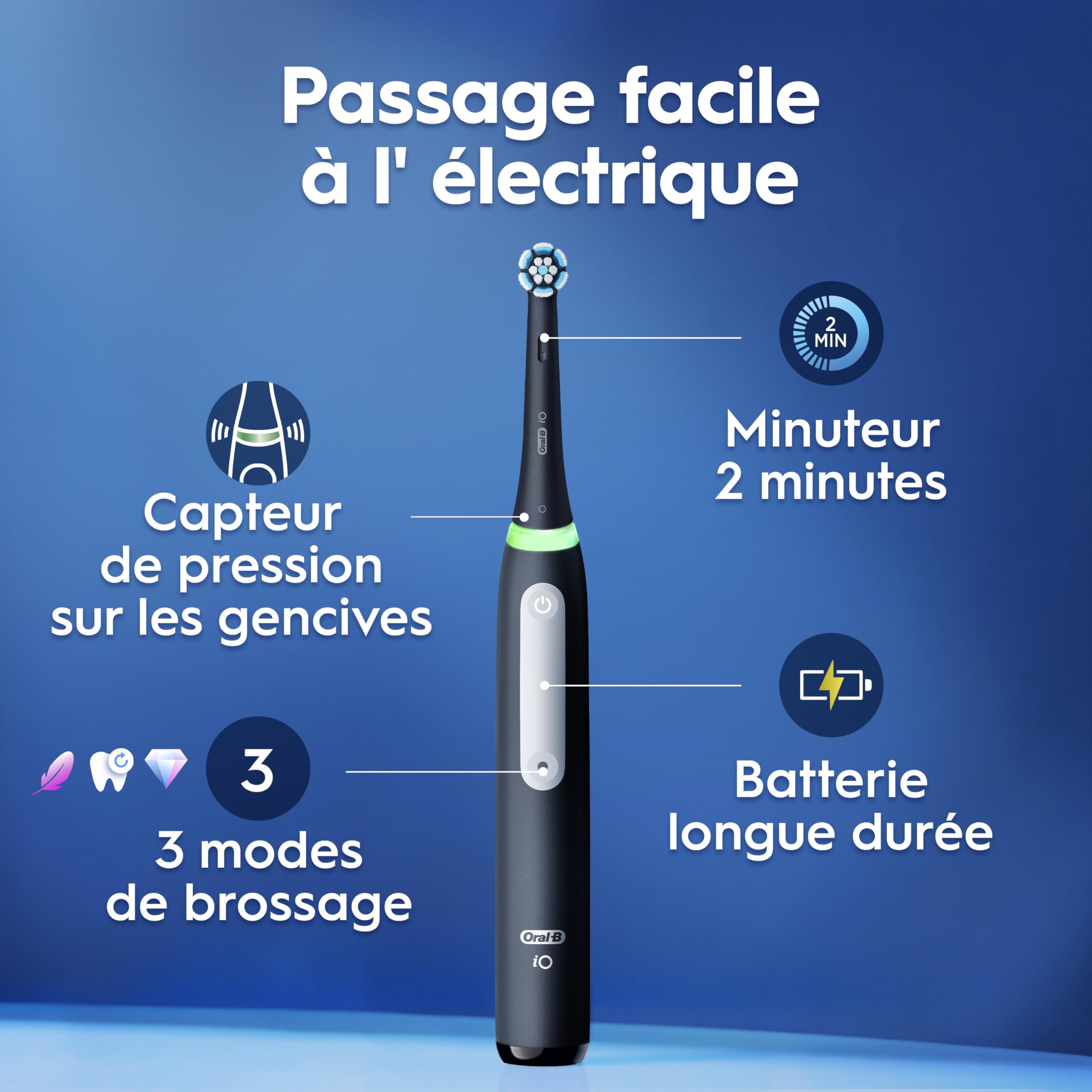 Oral-B Brosses à Dents Electriques iO 3 Duo, 4 Brossettes de Rechange, Noire et Rose - 3 Modes de Brossage dont Douceur et Blancheur, Capteur de Pression sur les Gencives, Batterie Rechargeable, Etui - 3