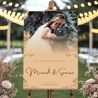 Personalized Bride & Groom Wedding Welcome Sign with Photo, Custom Picture Board for Ceremony or Reception, Canvas Poster Decor for Weddings, Anniversary, Bridal Party, Celebration