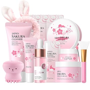 INSEEK Sakura Skin Care Set, Skincare Gift Set for Women and Teen Girls, Hydrates and Nourishes with Long-Lasting Moisture Helps Reduce Dullness and Rough Texture Daily Face Routine Set