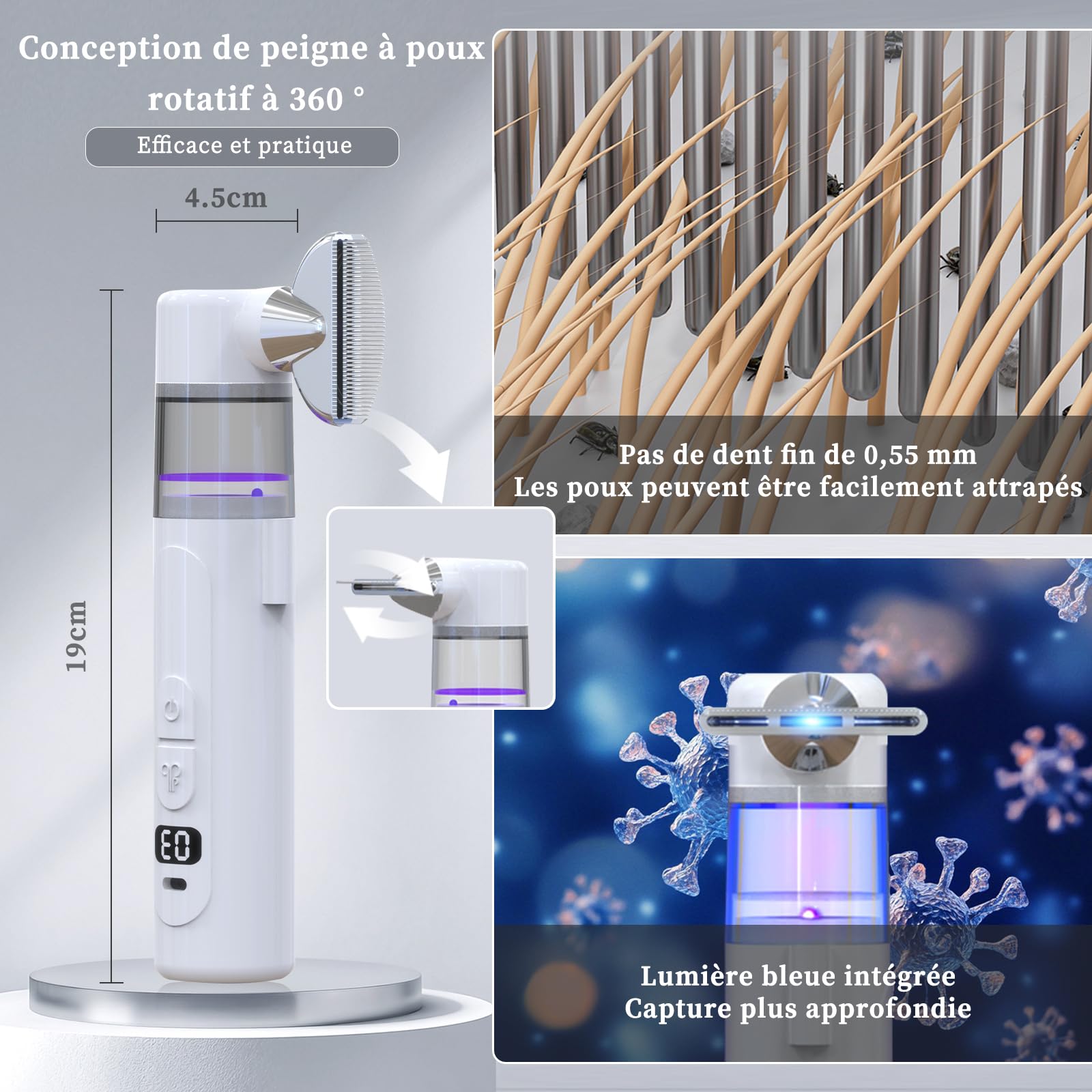 Ricarica Wireless Pettine Anti Pidocchi Elettrico,Portatile Aspirapolvere A Pidocchi,Filtro Riutilizzabile Pettine Anti Pidocchi Adatto A Bambini, Animali Domestici E Tutti I Tipi Di Capelli Prodotto