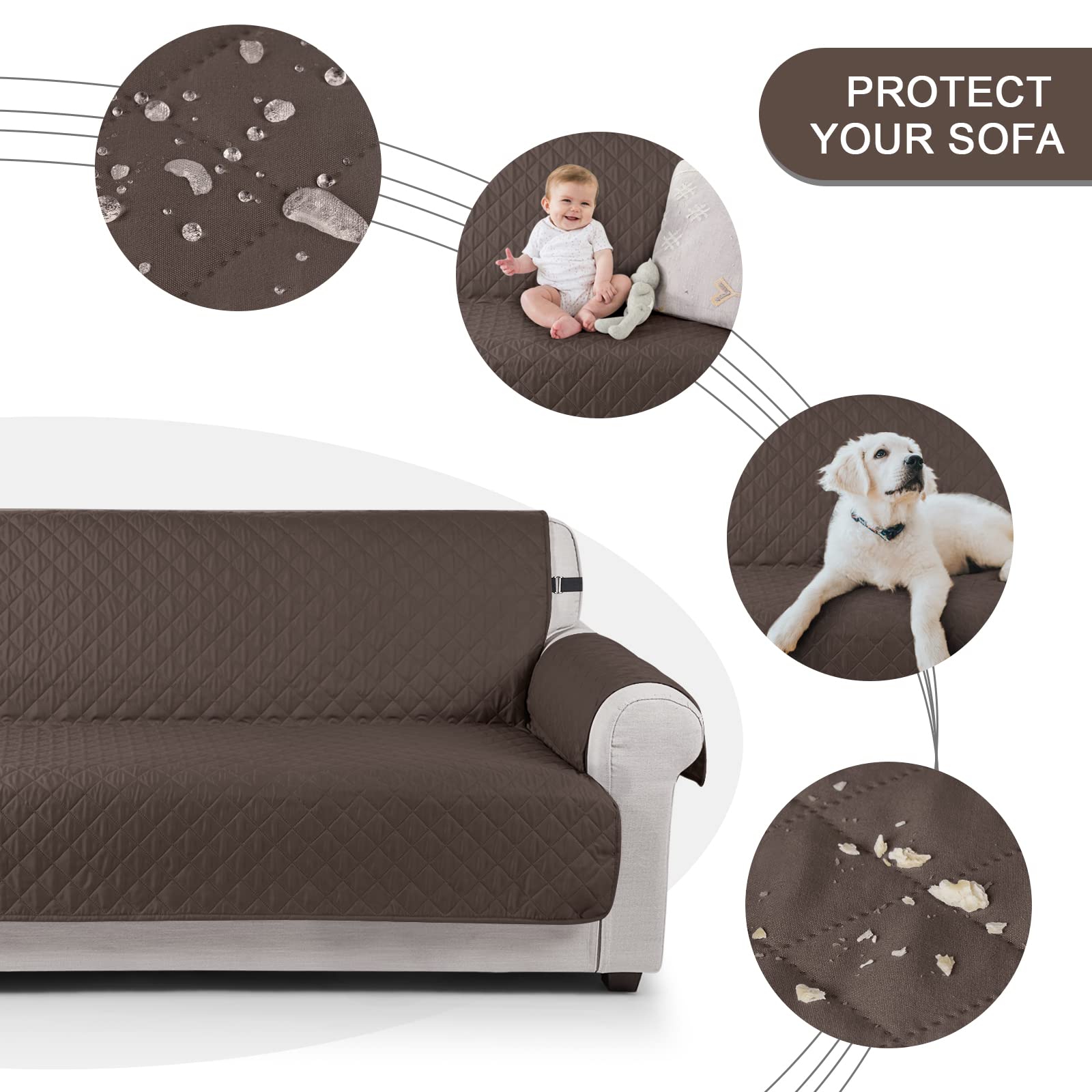 TAOCOCO Housse de canapé 3 Places, imperméable, avec Bande élastique, Protection de canapé rembourrée et antidérapante, pour Le Salon, pour Animaux de Compagnie, Enfants Qui Jouent (Marron)