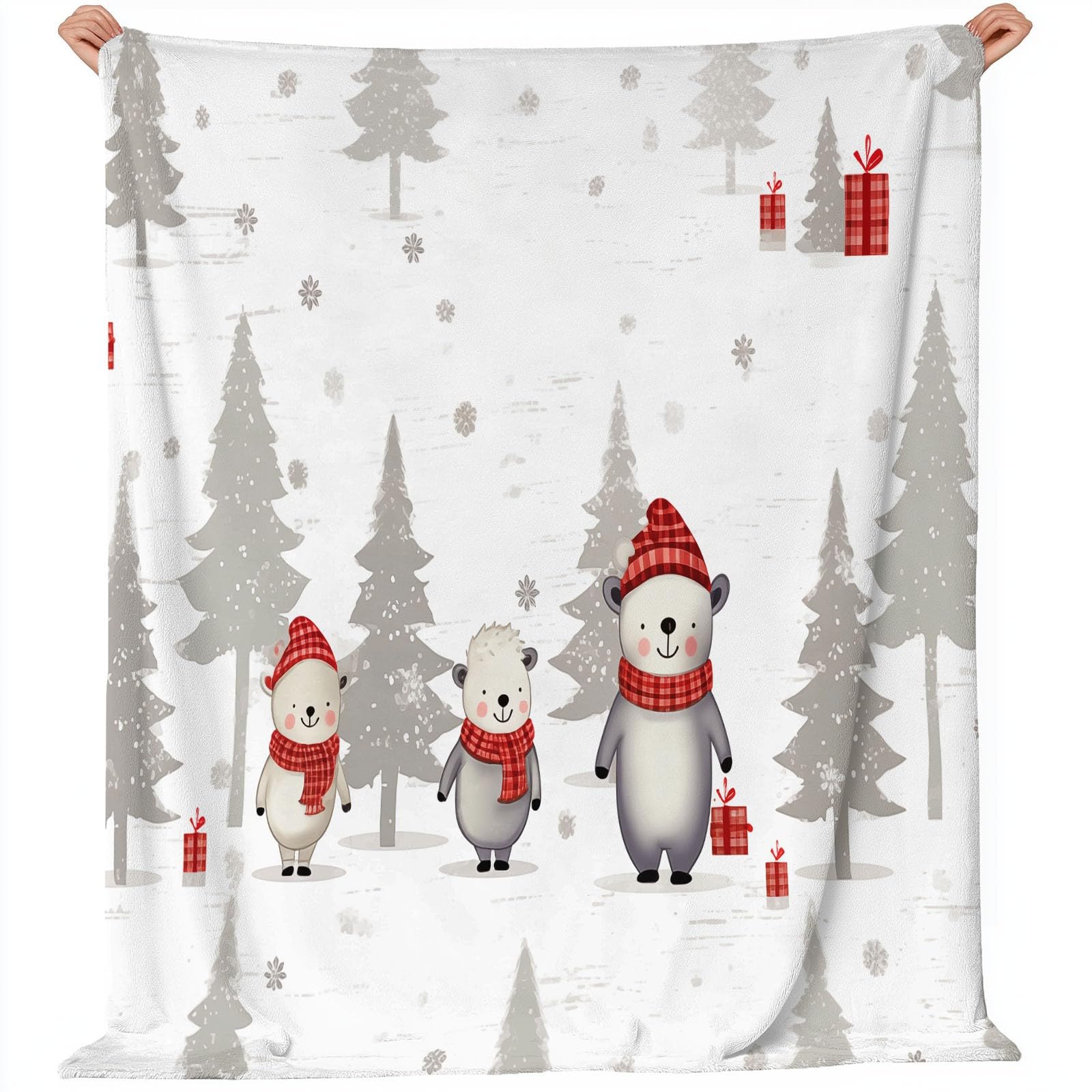 Manta Decorativa Blanco grisáceo Rojo, Estampada Elementos navideños Lindo Oso Pino, Suave y acogedora Manta de Franela para Cama sofá sillón y Silla, Adecuada para Todas Las Estaciones, 150×200 cm