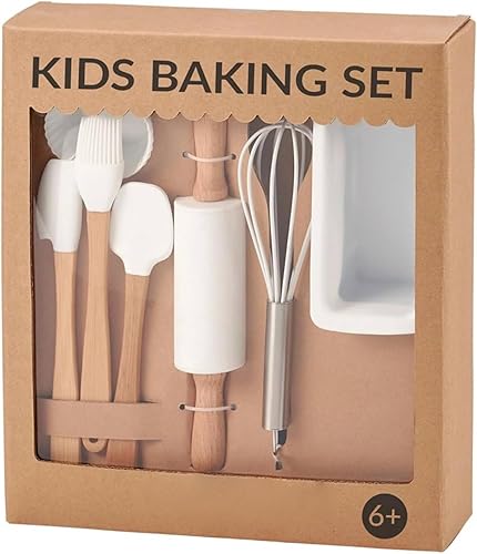Playing with Scissors Kids First Baking Cooking Set, herramientas de cocina de madera de silicona blanca, juego de 12 piezas con asas de madera,