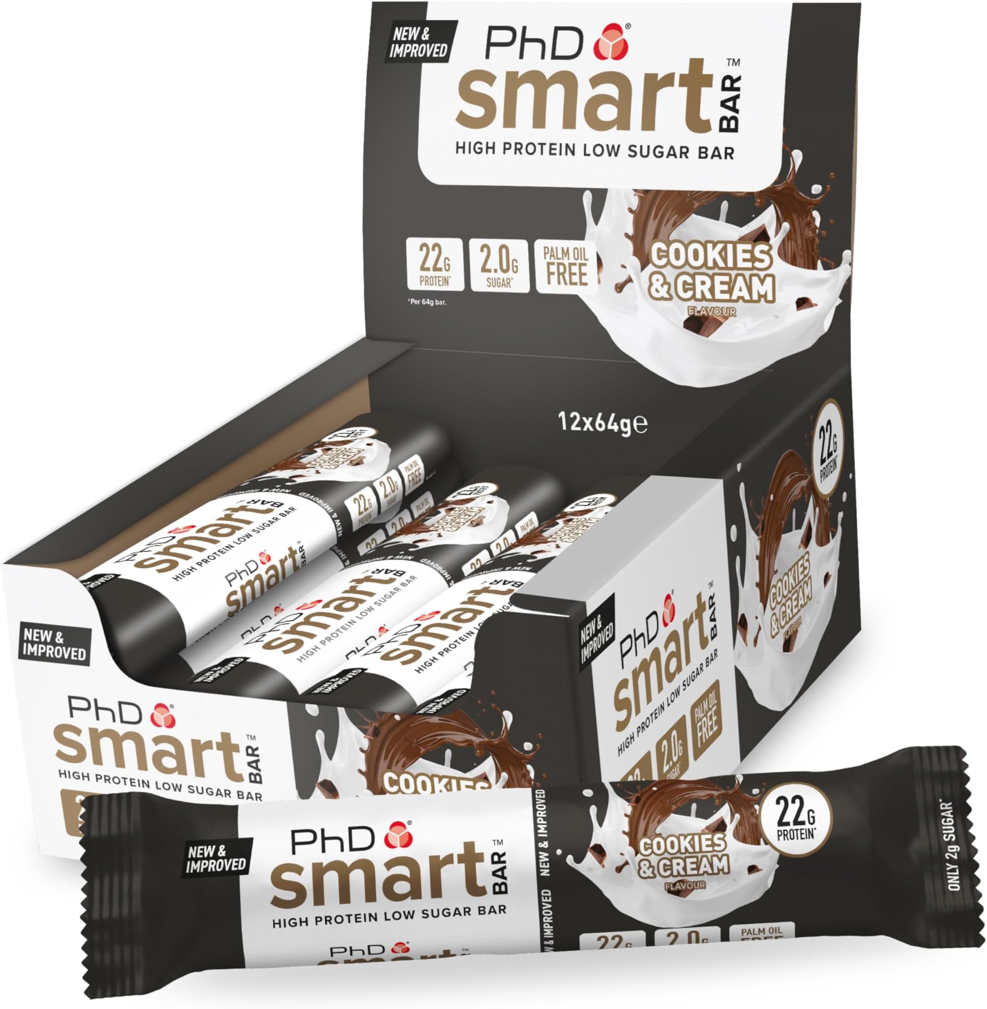 PhD Nutrition Smart Protein Bar Low Calorie, Nutritional Protein Bars/Protein Snacks, High Protein Low Sugar, Cookies and Cream Flavour, 20g of Protein, 64g Bar (12 Pack)