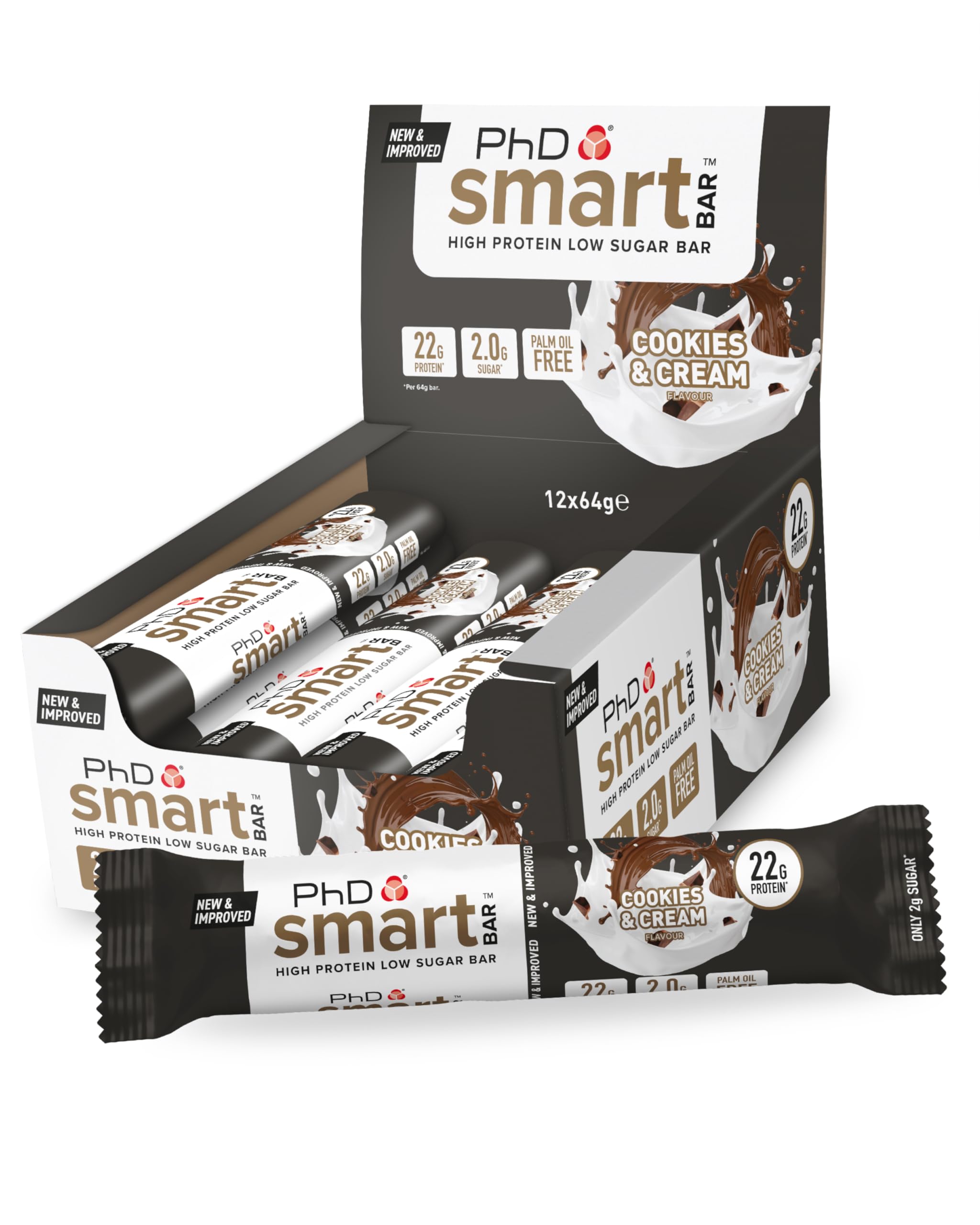 PhD Nutrition Smart Protein Bar Low Calorie, Nutritional Protein Bars/Protein Snacks, High Protein Low Sugar, Cookies and Cream Flavour, 20g of Protein, 64g Bar (12 Pack)