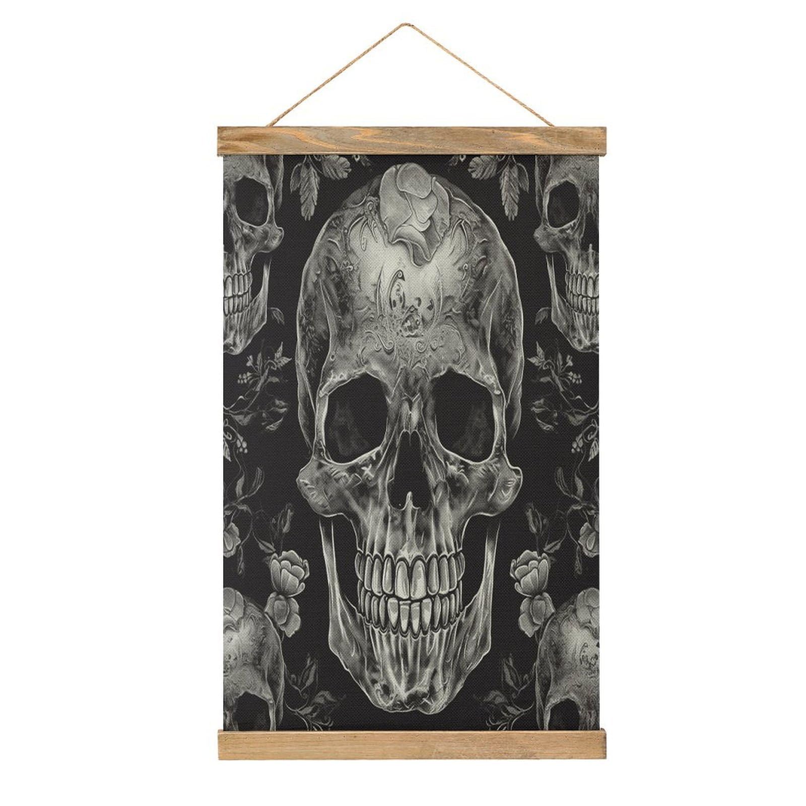VstaDank Skull Skeleton Hanging Poster with Wooden Frame Modern Linen Hanging Painting Retro Style Wall Decor Art Painting for Living Room,Bedroom Decor Poster Frame 20.4x13.1inch