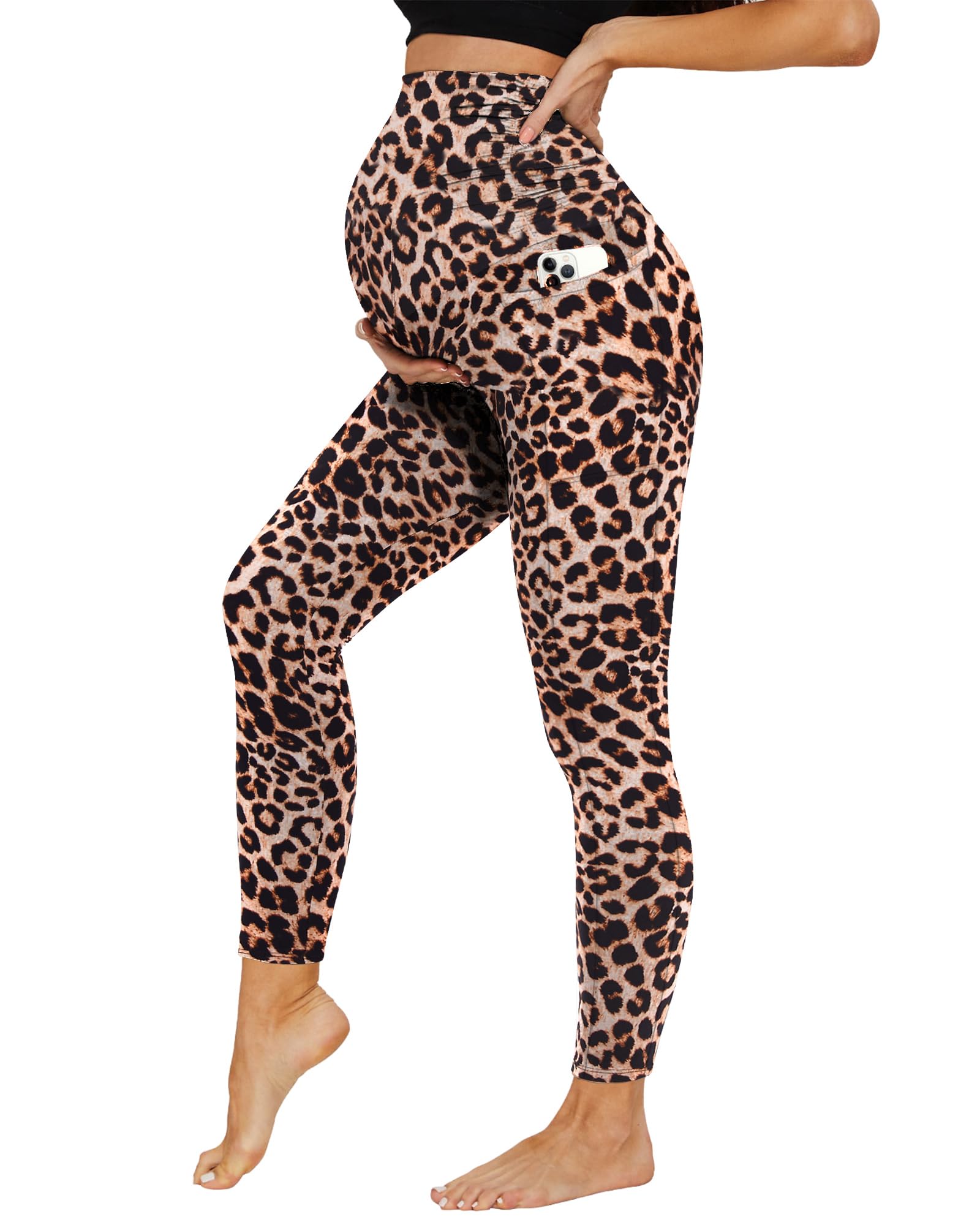DDOBB Damen Umstandsleggings mit Taschen High Waist Umstandshose Blickdichte Schwangerschaftsleggings Weich Elastisch Umstandsmode Zuhause Yoga Sport